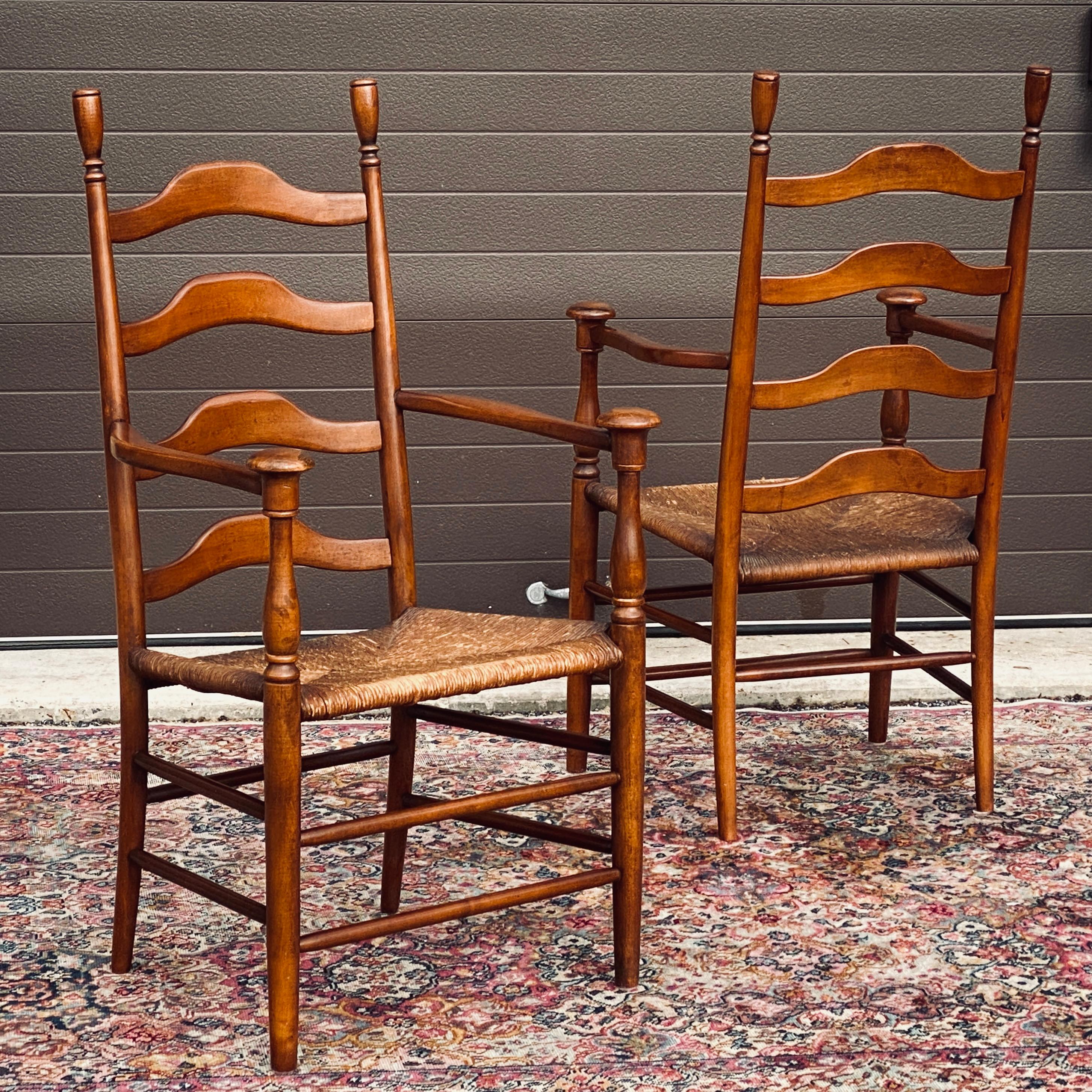 Mid-Century Ladder Back Rush Seat Mushroom Cap Farmhouse Arm Chairs - a Pair 2