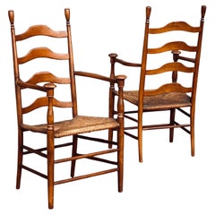 Mid-Century Ladder Back Rush Seat Mushroom Cap Farmhouse Arm Chairs - a Pair