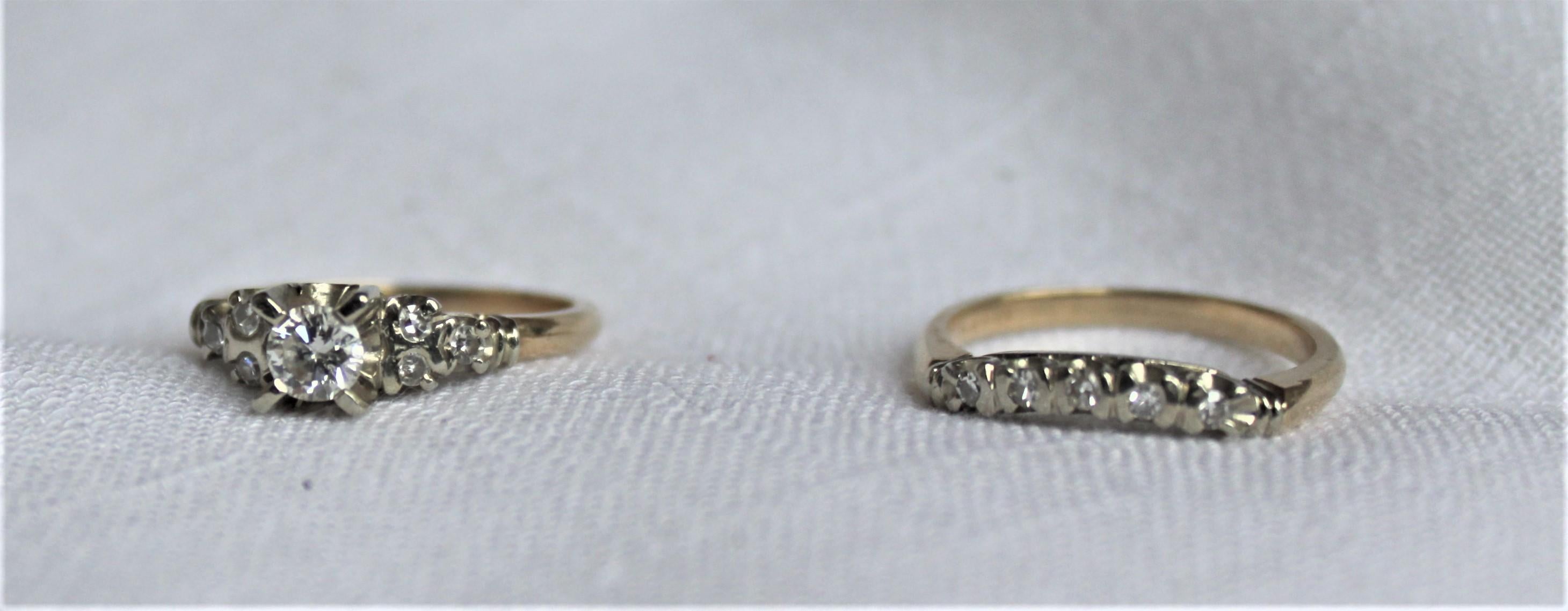 Hand-Crafted Mid Century Ladies 14-Karat Yellow & White Gold & Diamond Wedding Ring Set