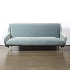 Mid-Century Lady Sofa in Powder Blue Velvet Mohair & Brass Legs by Marco Zanuso