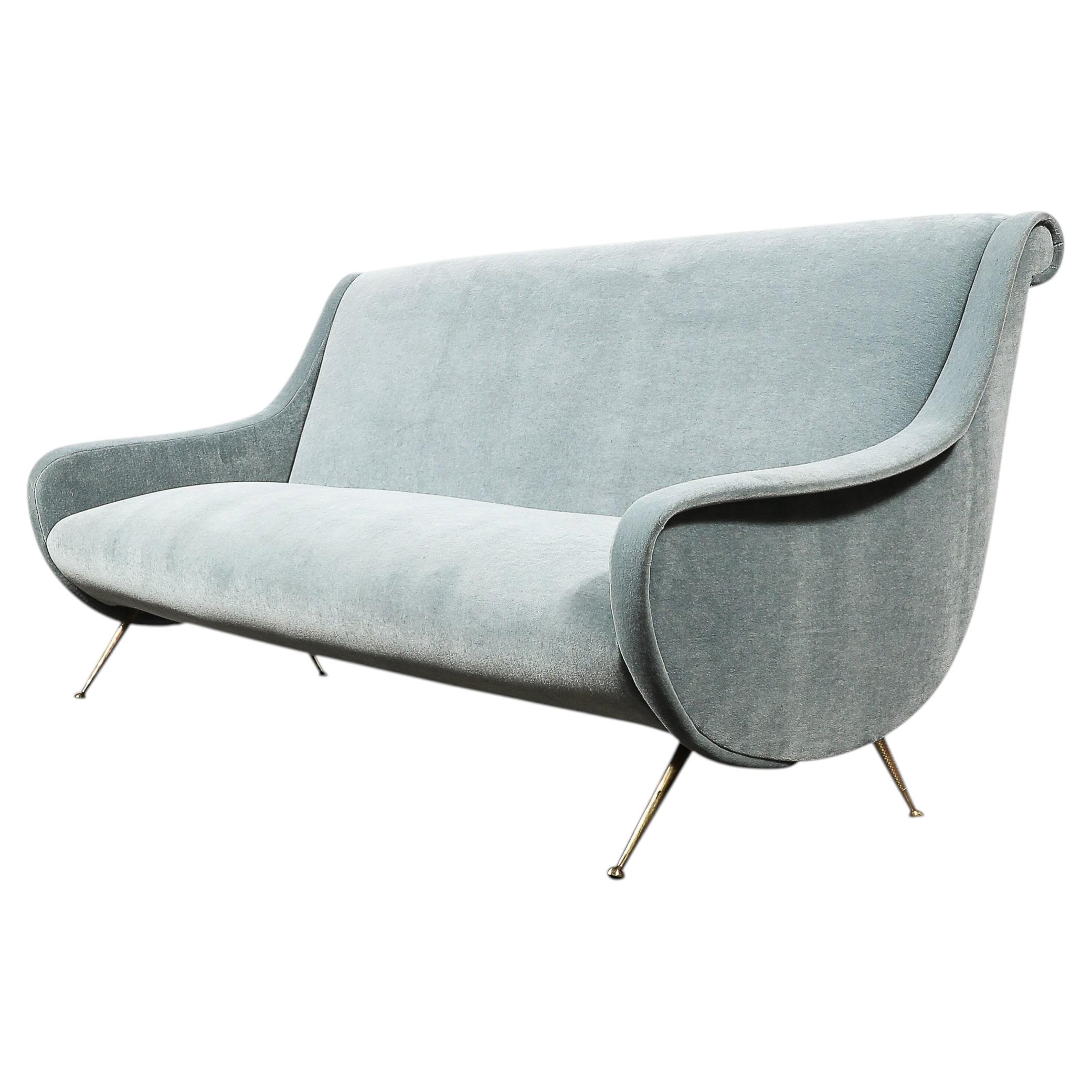 Mid-Century Lady Sofa in Powder Blue Velvet Mohair & Brass Legs by Marco Zanuso