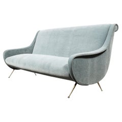 Mid-Century Lady Sofa in Powder Blue Velvet Mohair & Brass Legs by Marco Zanuso