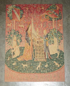 MiD CENTURY LADY & THE UNICORN PARIS MADE TAPESTRY WITH OLD FRENCH LABEL REVERSE