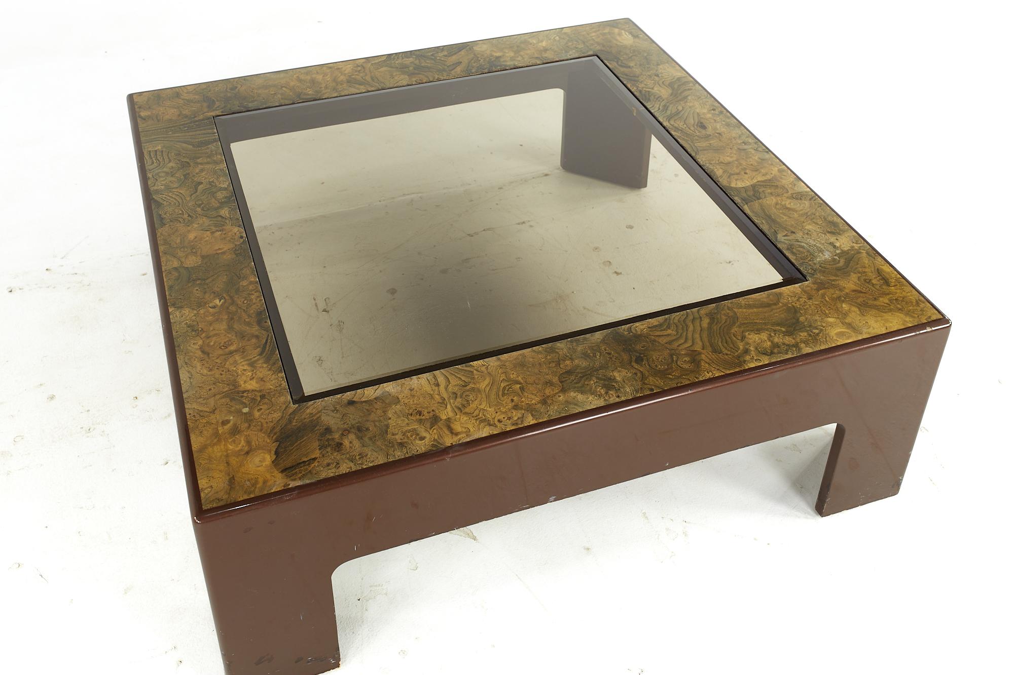 Mid-Century Modern Midcentury Laminate Burlwood and Glass Coffee Table For Sale