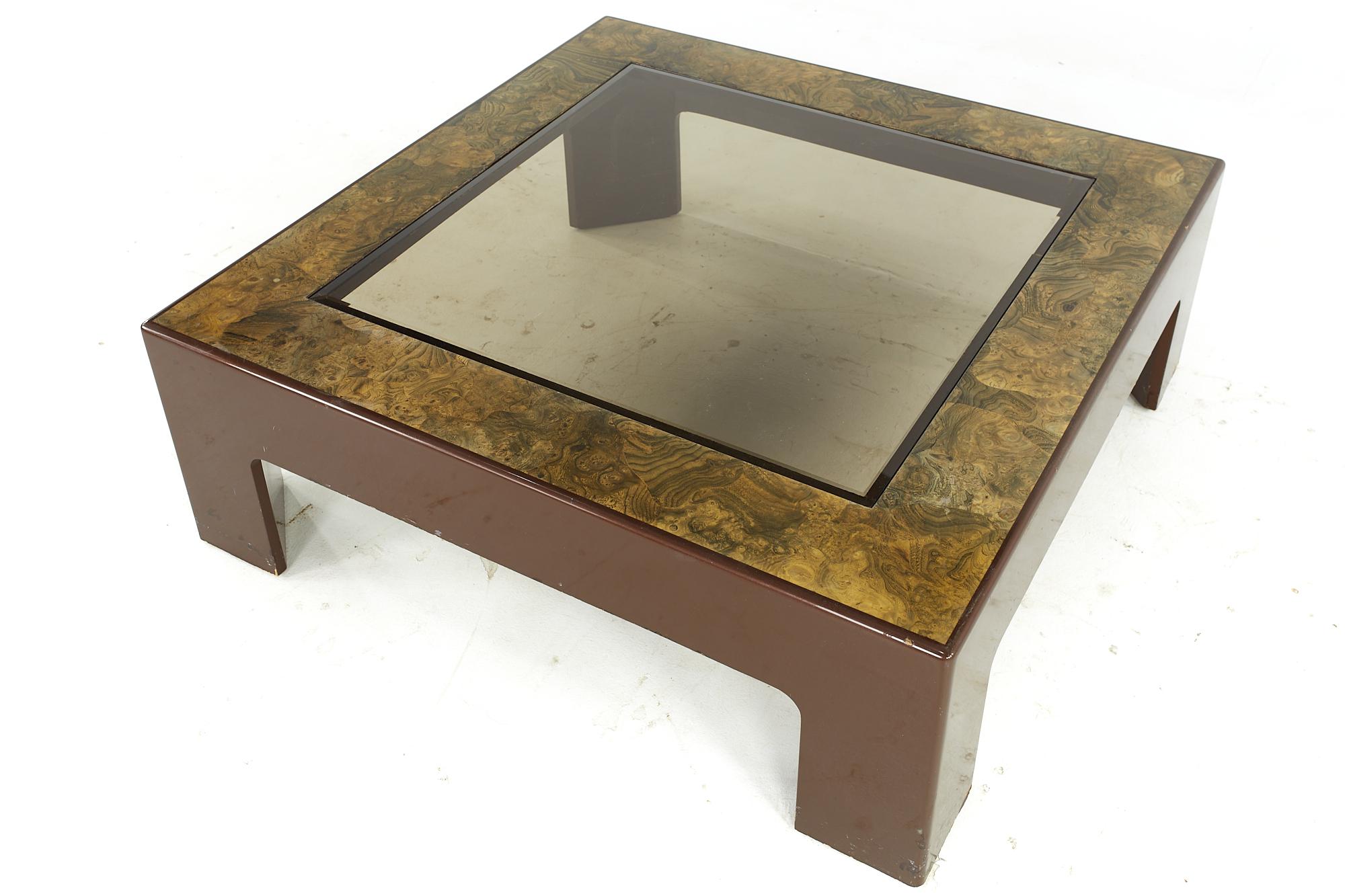 American Midcentury Laminate Burlwood and Glass Coffee Table For Sale