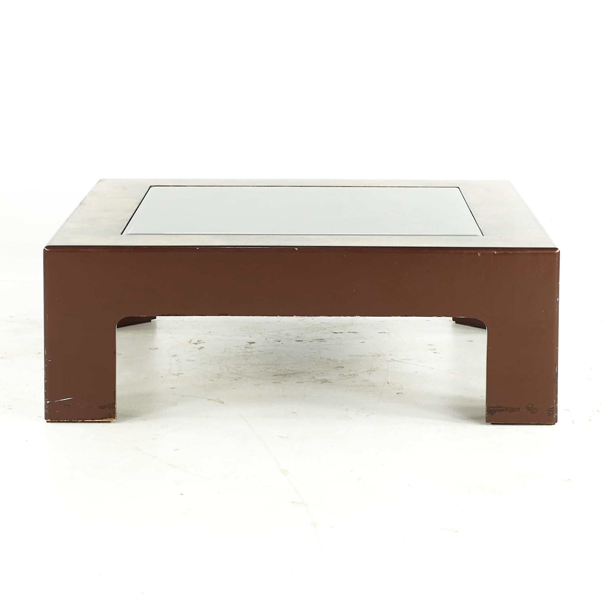 Late 20th Century Midcentury Laminate Burlwood and Glass Coffee Table For Sale
