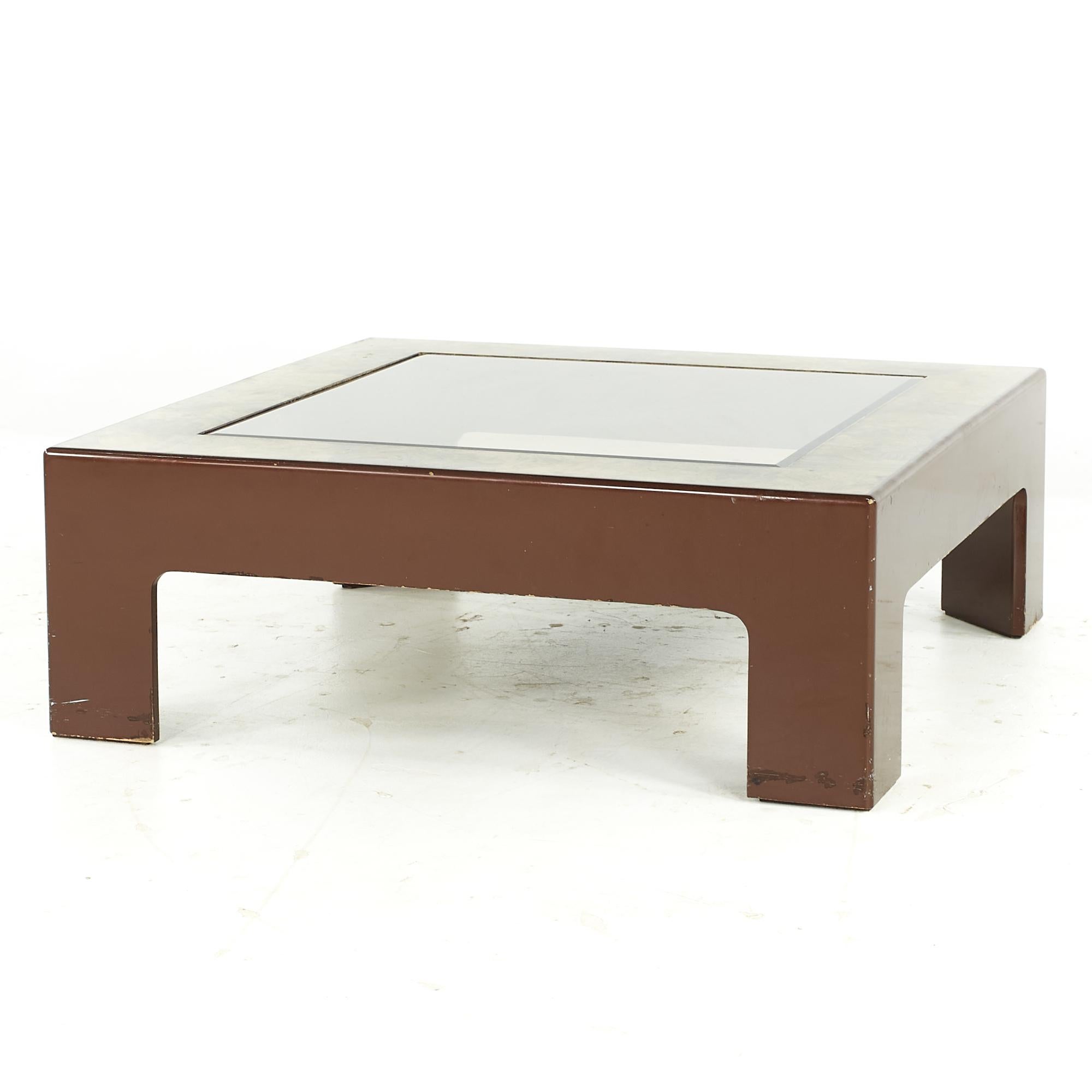 Midcentury Laminate Burlwood and Glass Coffee Table For Sale 1