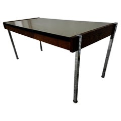 Mid Century Laminate Top Walnut and Chrome Harvey Probber Style 3 Drawer Desk