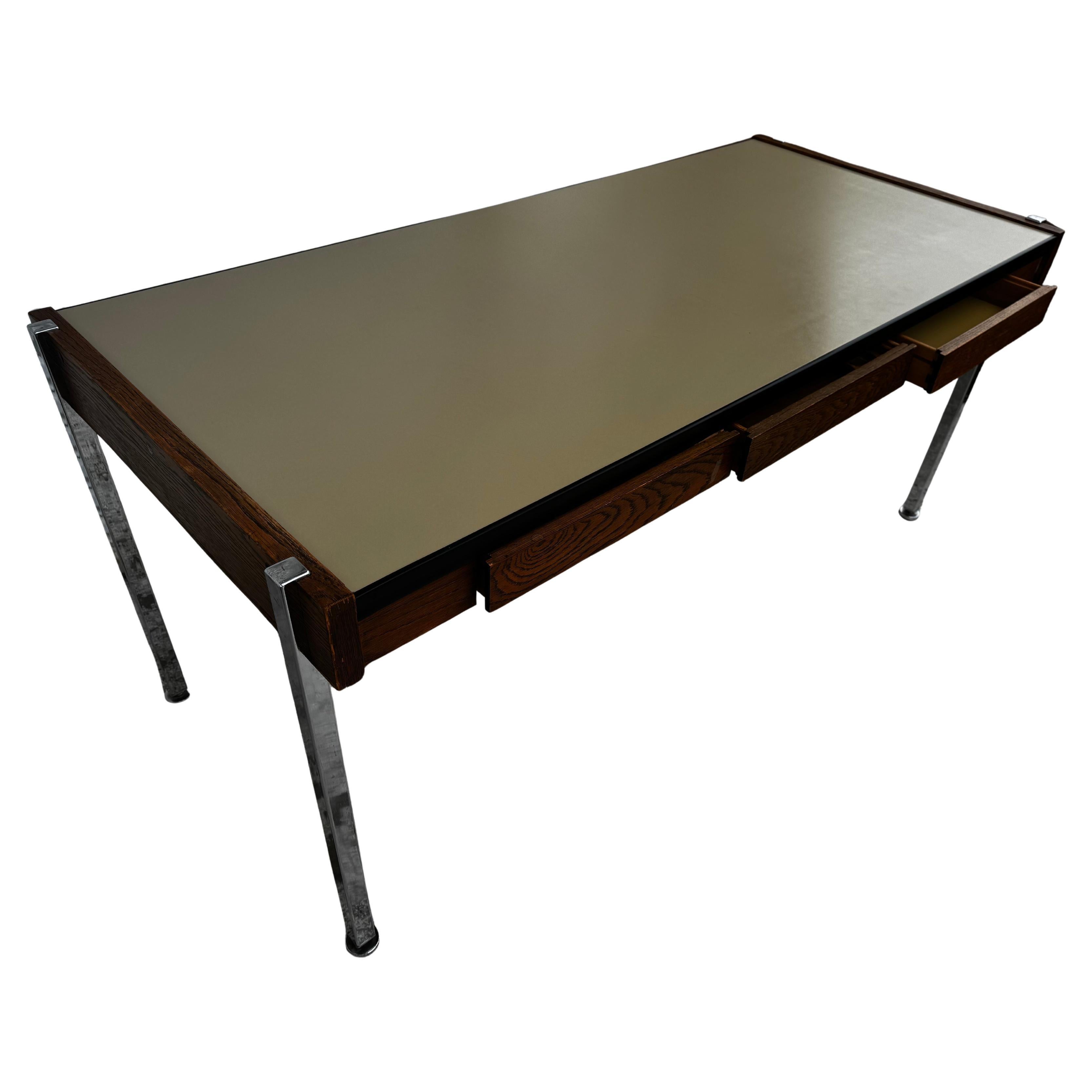 Mid Century Laminate Top Walnut and Chrome Harvey Probber Style 3 Drawer Desk For Sale