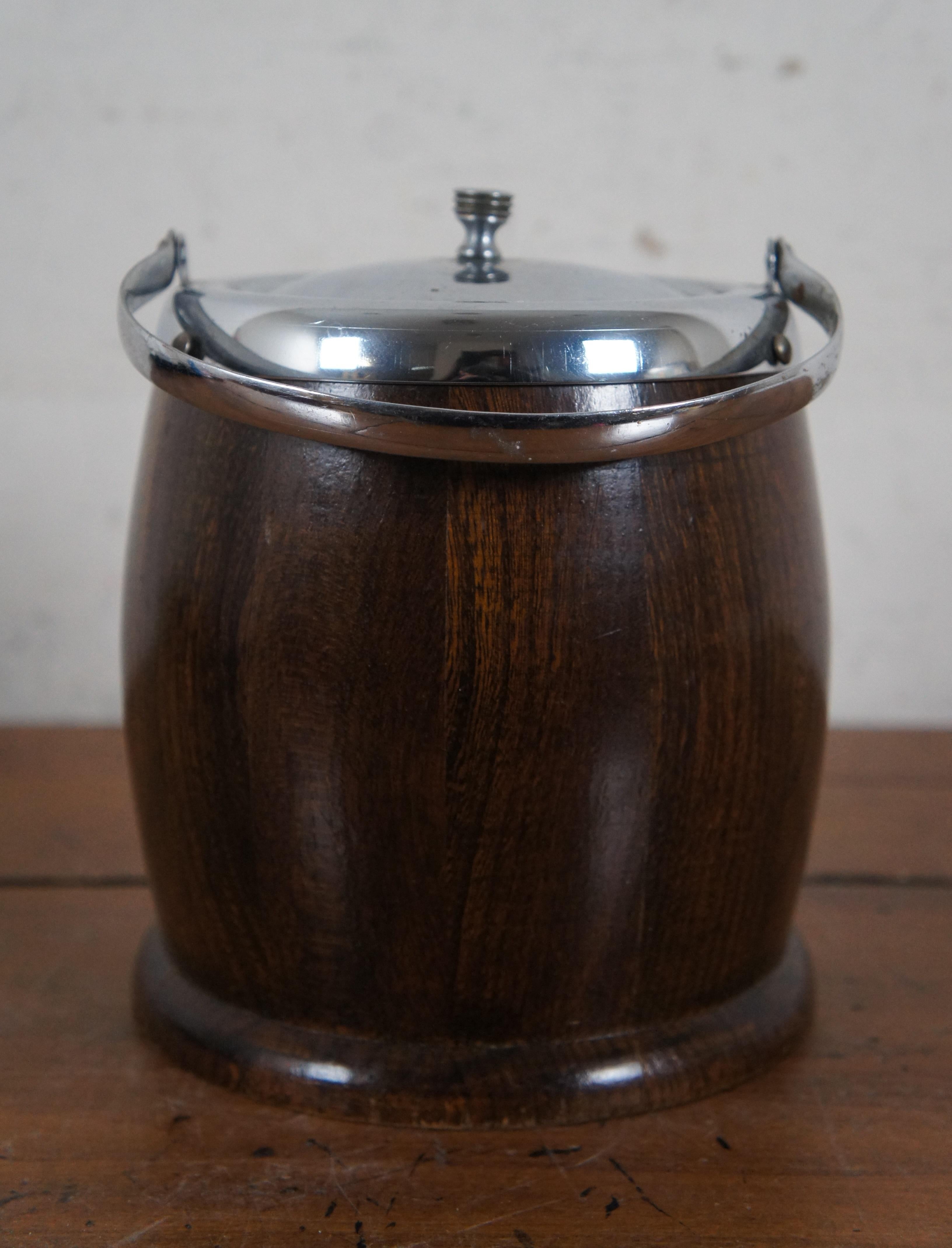 Mid Century Lancraft Woodware Biscuit Barrel Oak & Chrome Tea Caddy with Liner 1