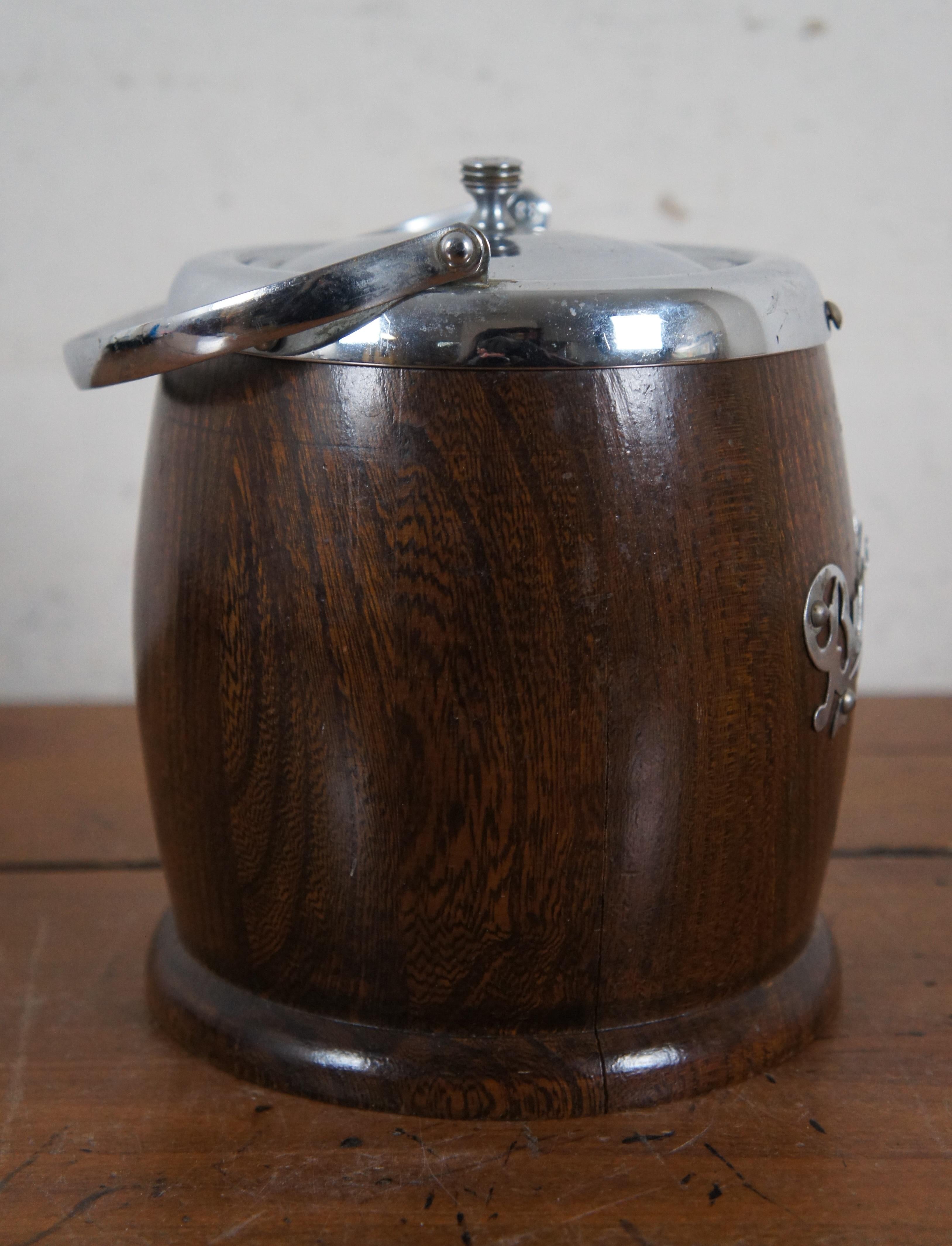 Mid Century Lancraft Woodware Biscuit Barrel Oak & Chrome Tea Caddy with Liner 2