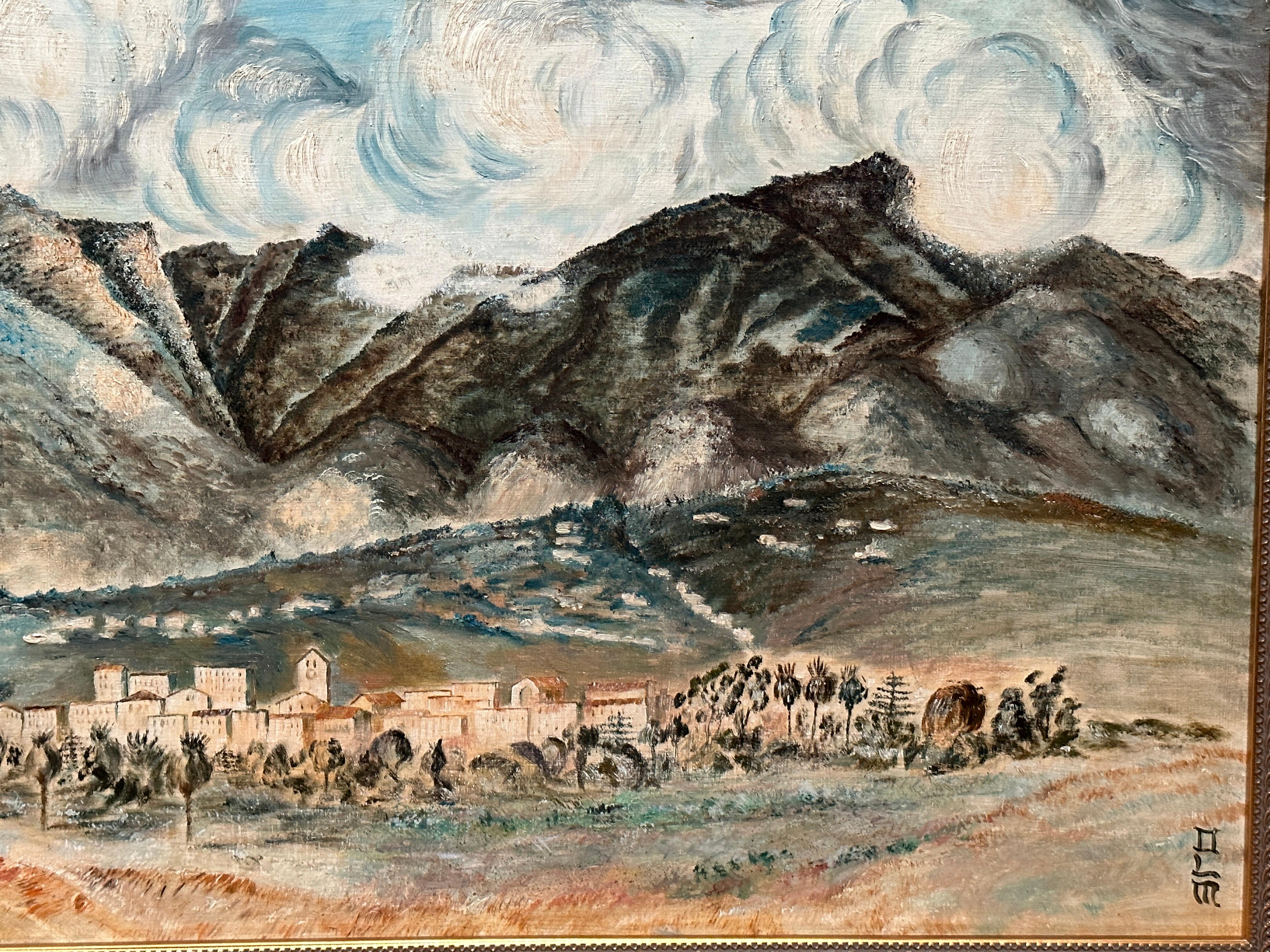 Américain Paysage de montagnes et de village du milieu du siècle en vente