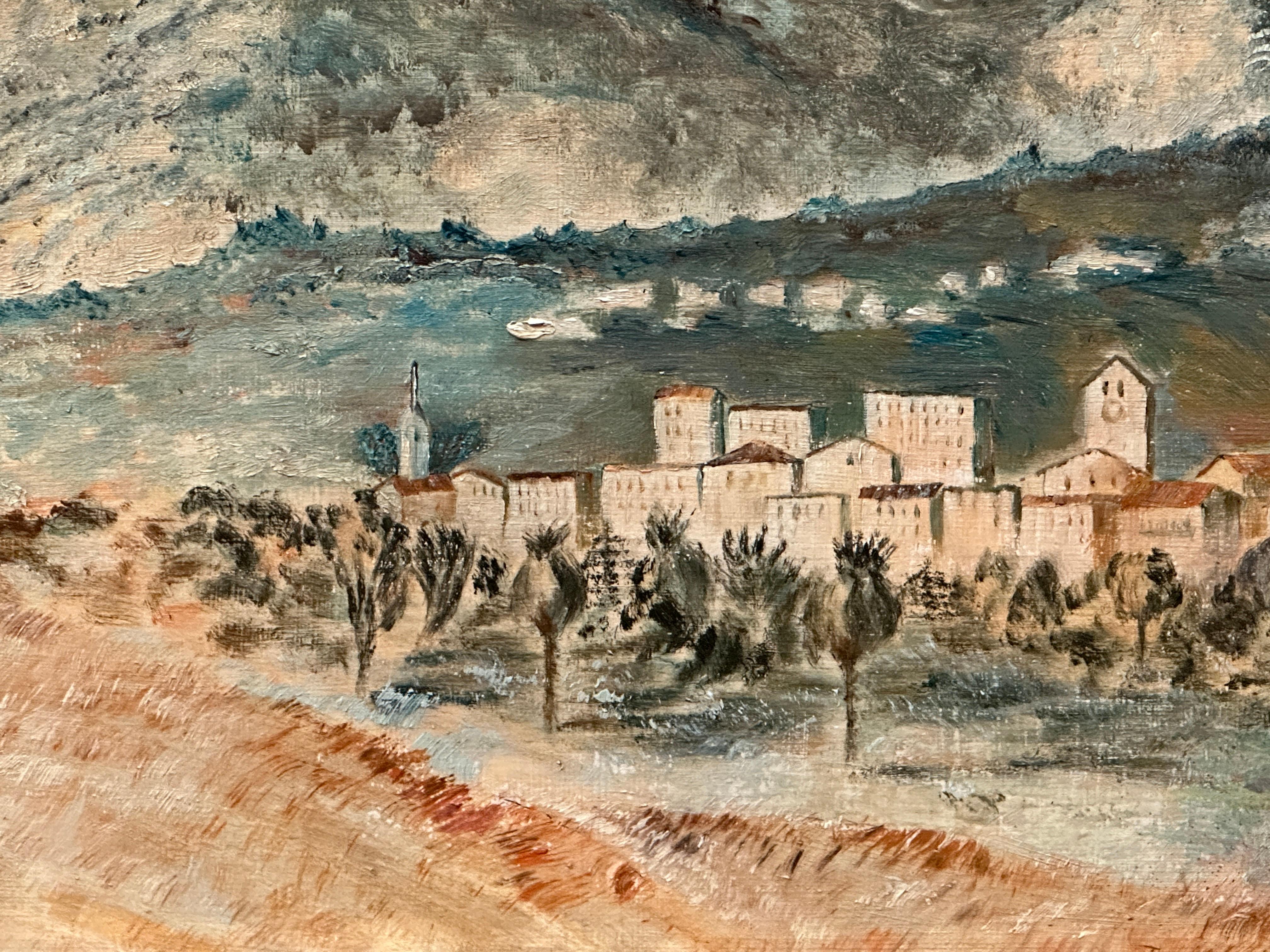 20th Century Mid-Century Landscape of Mountains and Village For Sale