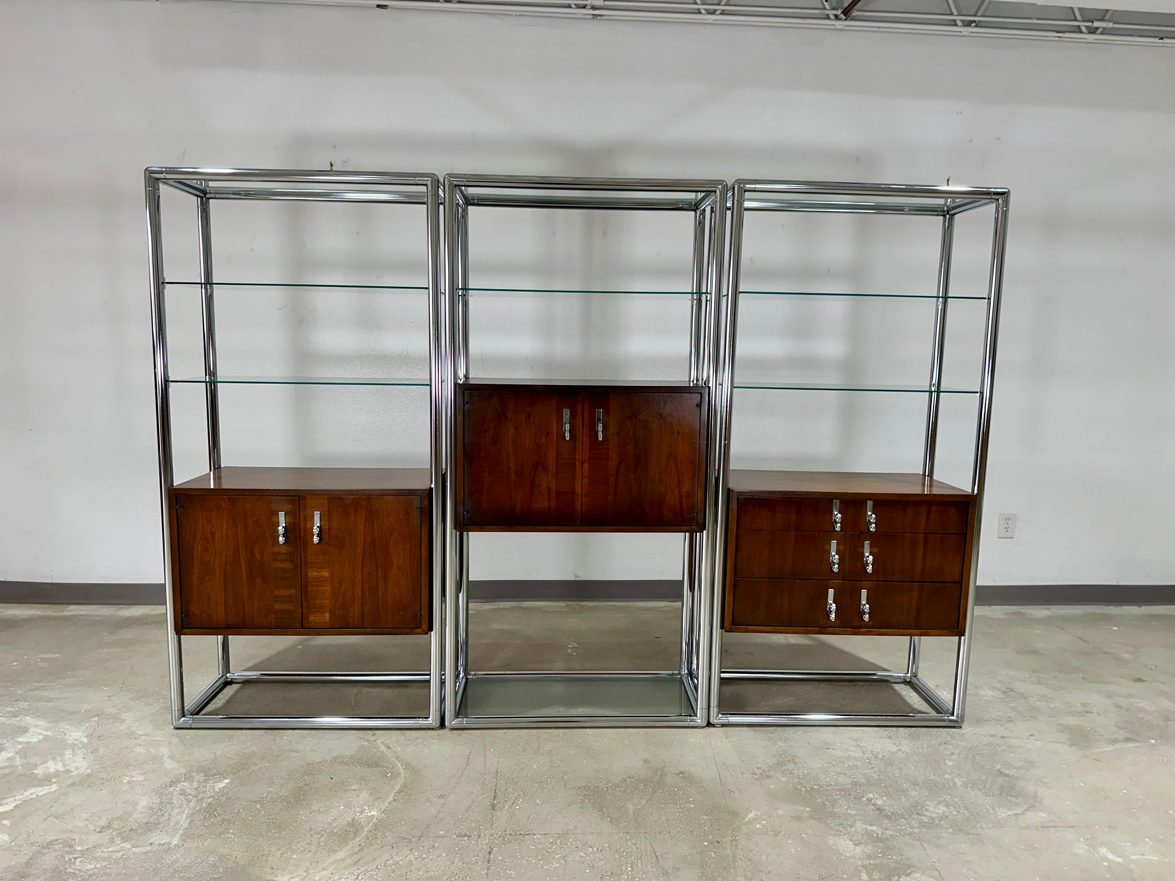 Mid Century Lane 3 Bay Free Standing Wall Unit Room Divider, Walnut & Chrome For Sale 8