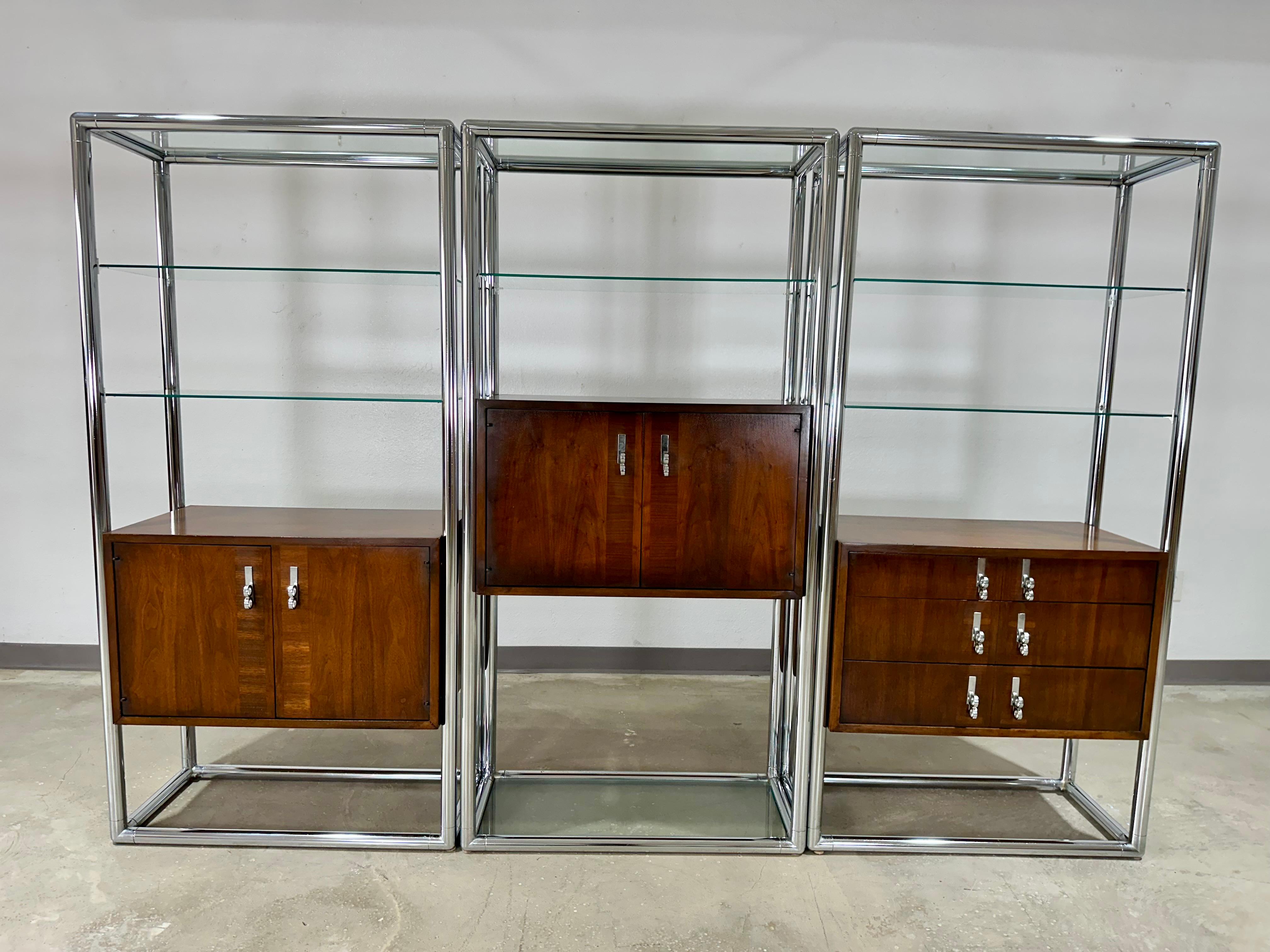 Mid Century Lane 3 Bay Free Standing Wall Unit Room Divider, Walnut & Chrome For Sale 9