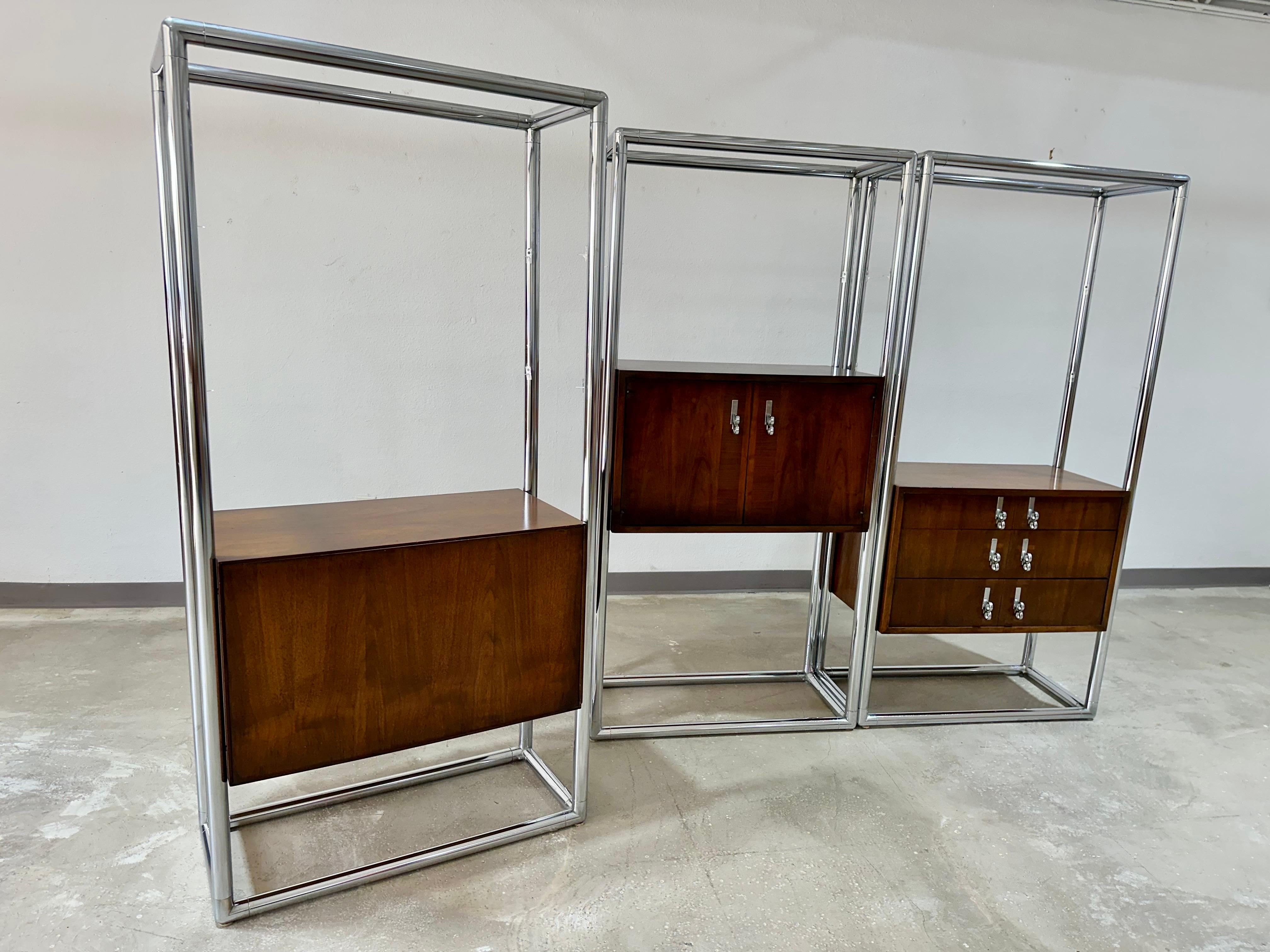 Mid-Century Modern Mid Century Lane 3 Bay Free Standing Wall Unit Room Divider, Walnut & Chrome For Sale