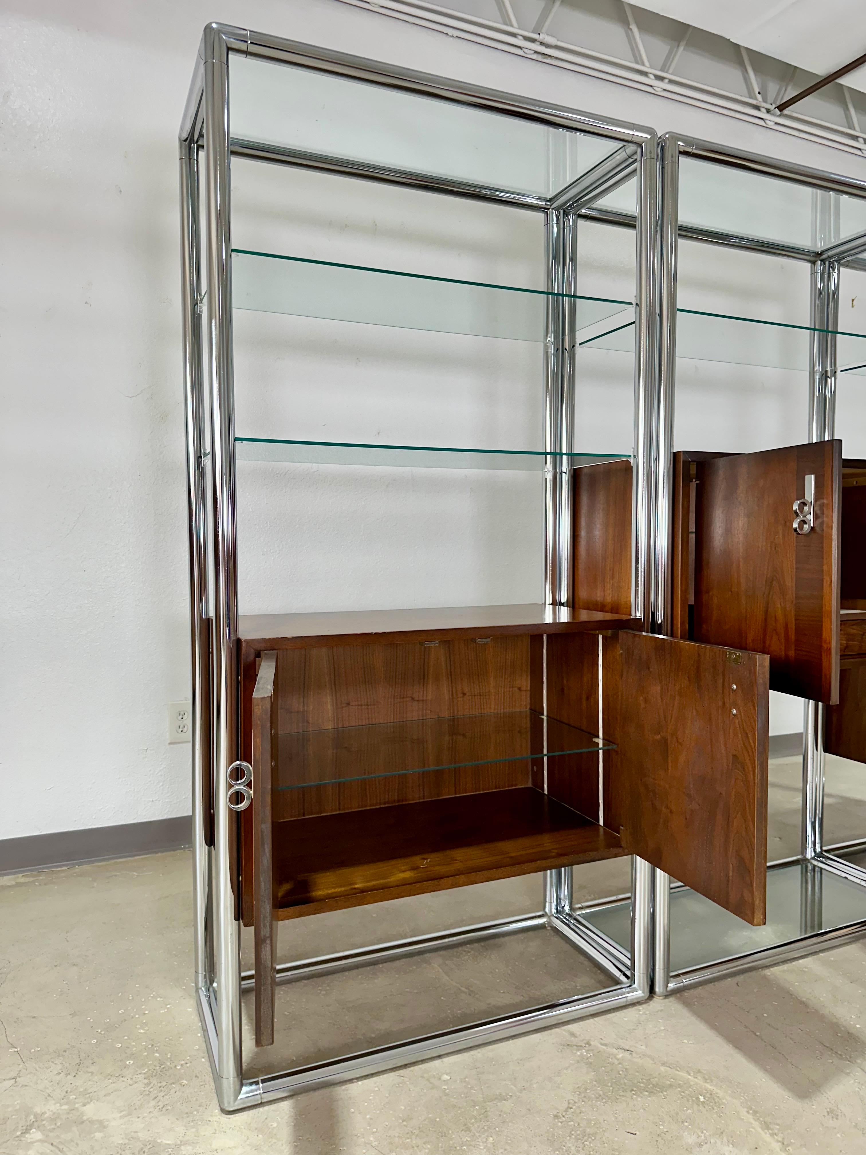 American Mid Century Lane 3 Bay Free Standing Wall Unit Room Divider, Walnut & Chrome For Sale