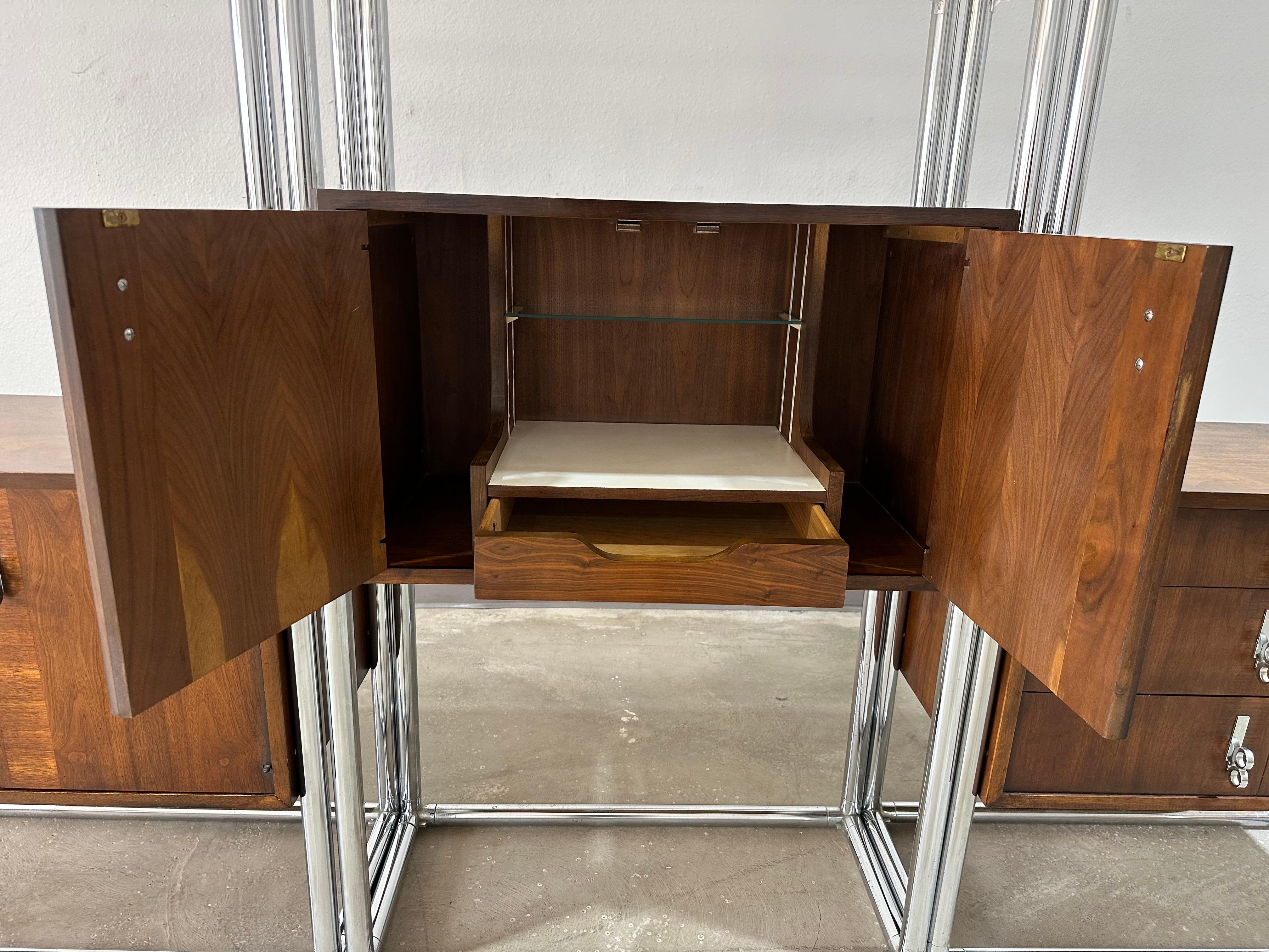 Stained Mid Century Lane 3 Bay Free Standing Wall Unit Room Divider, Walnut & Chrome For Sale