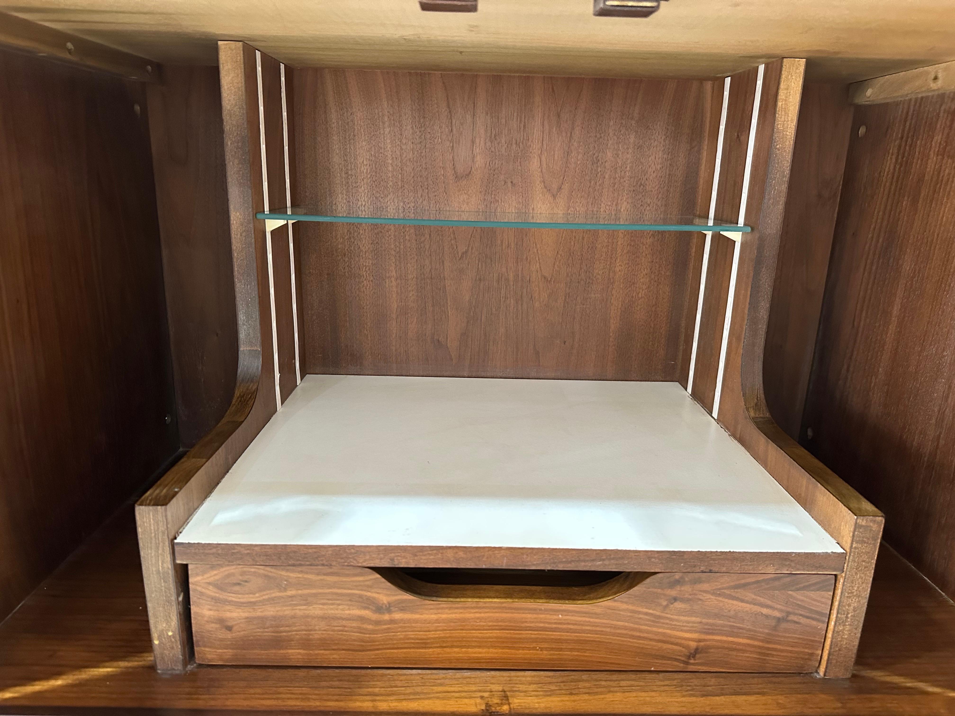 Mid Century Lane 3 Bay Free Standing Wall Unit Room Divider, Walnut & Chrome In Good Condition For Sale In Lutz, FL