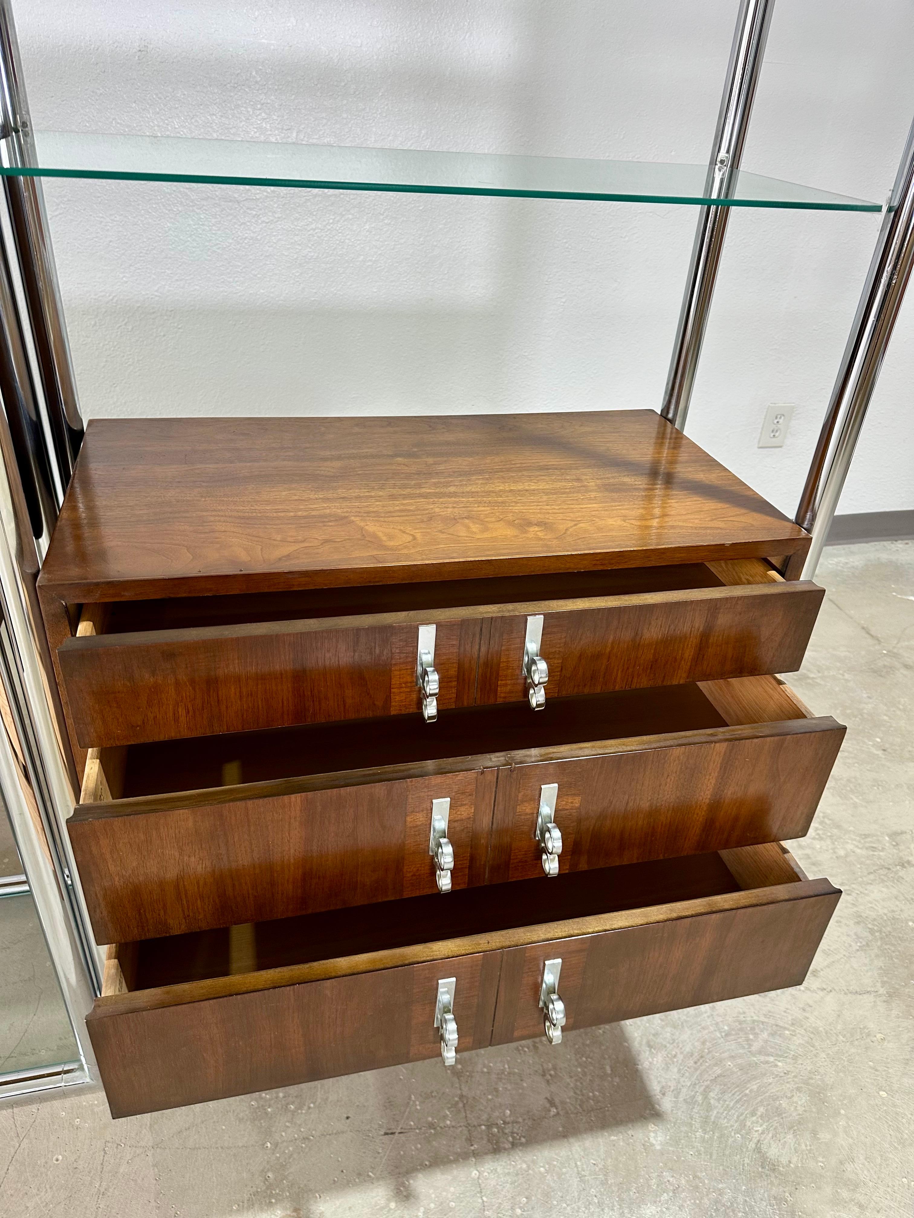 20th Century Mid Century Lane 3 Bay Free Standing Wall Unit Room Divider, Walnut & Chrome For Sale