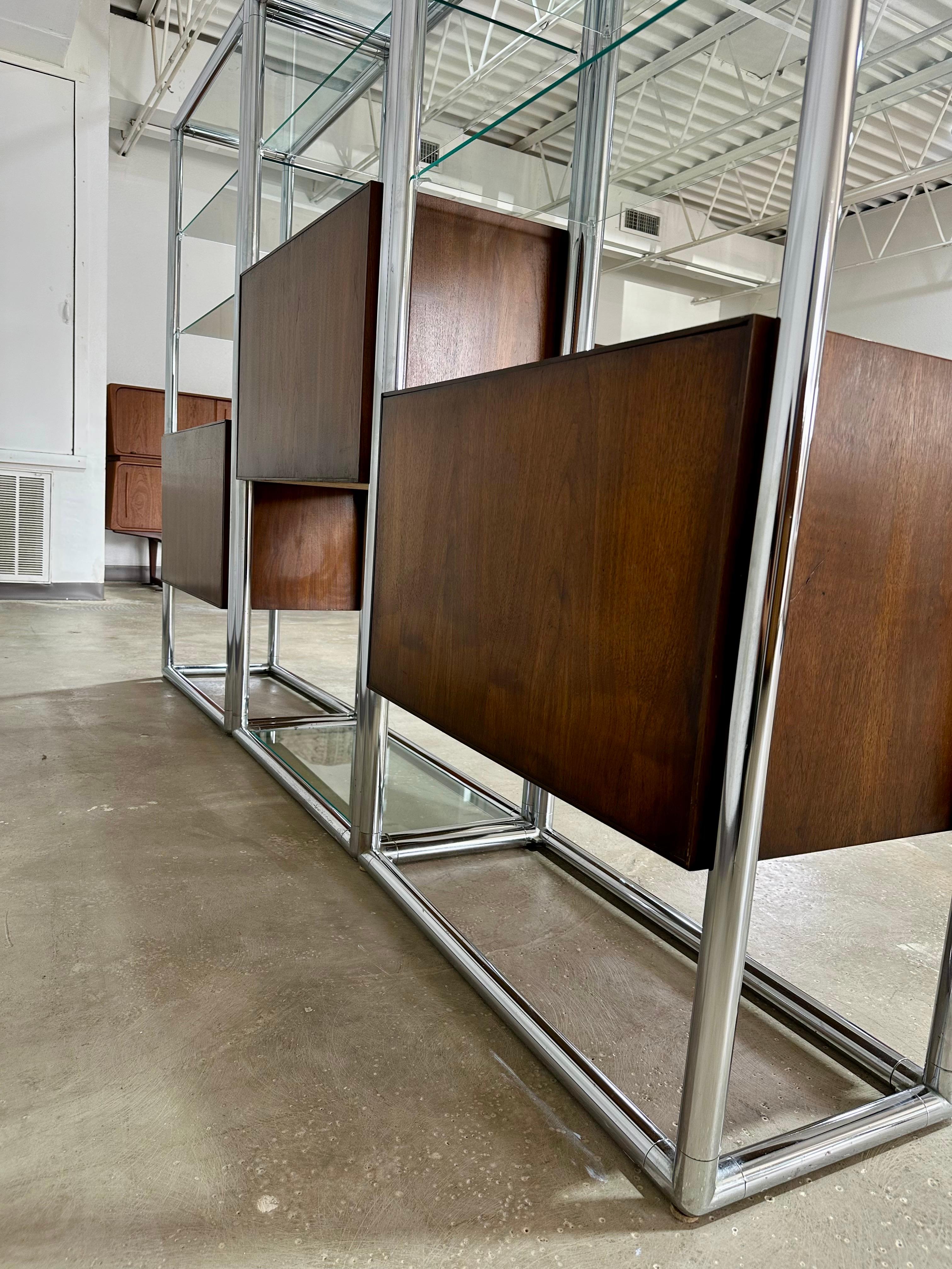 Metal Mid Century Lane 3 Bay Free Standing Wall Unit Room Divider, Walnut & Chrome For Sale