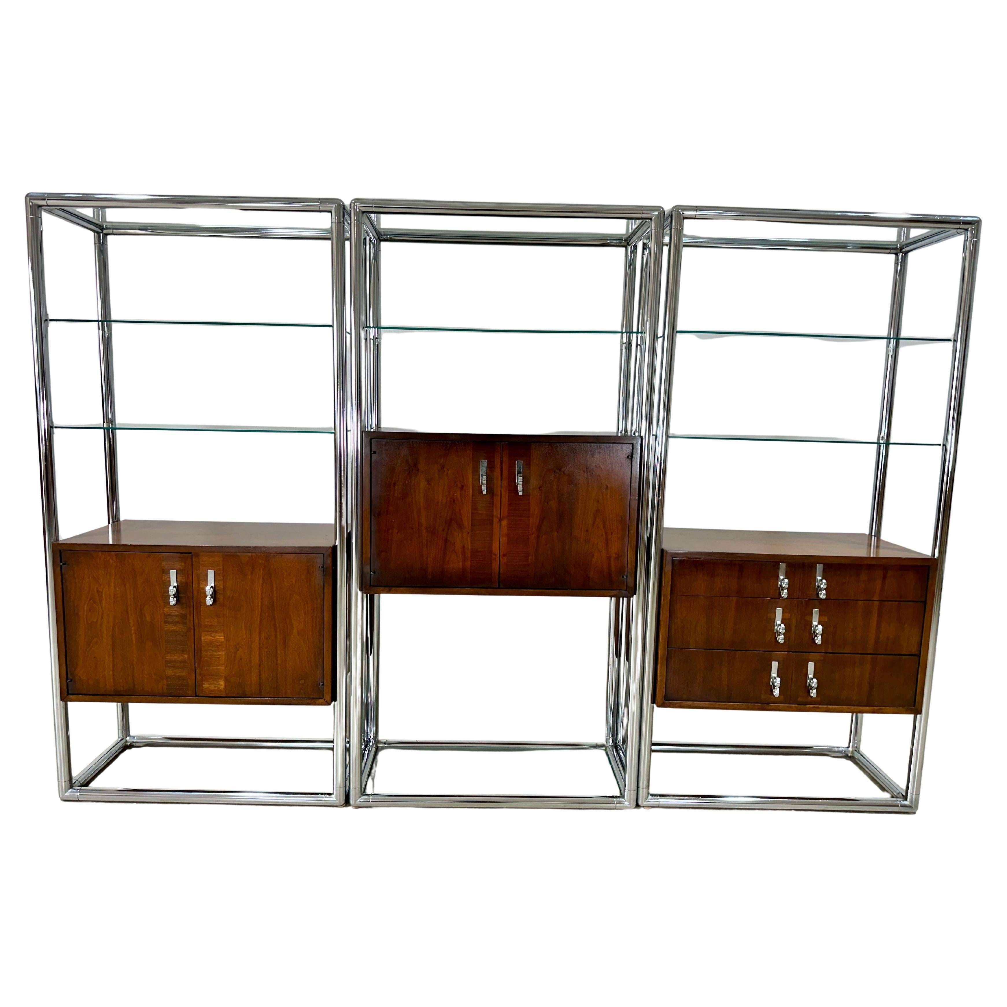 Mid Century Lane 3 Bay Free Standing Wall Unit Room Divider, Walnut & Chrome For Sale
