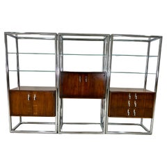 Mid Century Lane 3 Bay Free Standing Wall Unit Room Divider, Walnut & Chrome