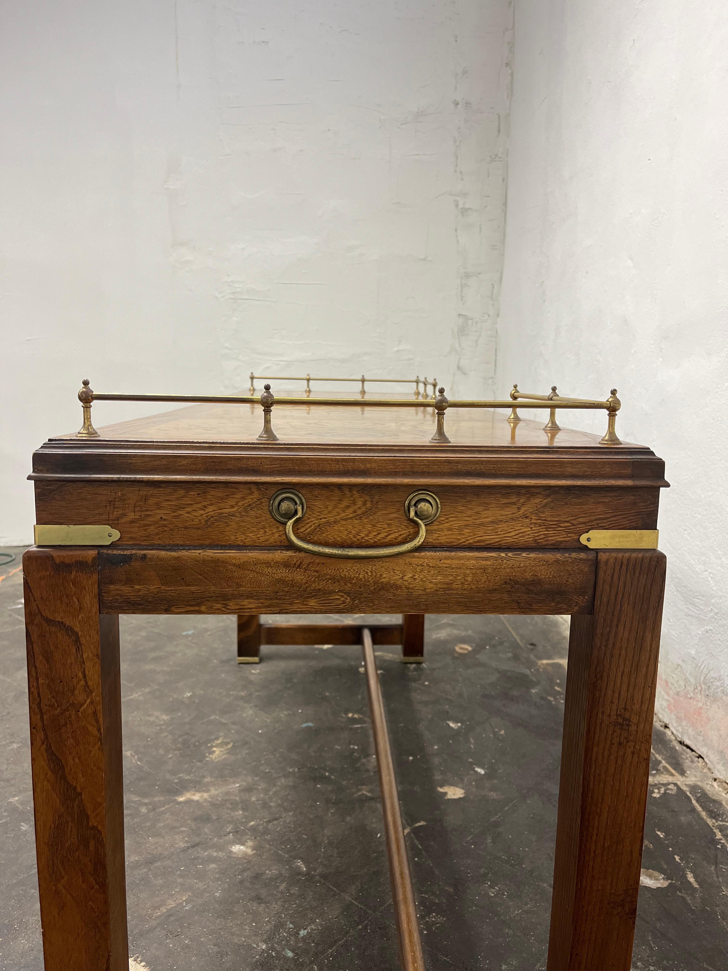 Mid Century Lane Campaign Console Desk Brass Gallery Burl Walnut In Good Condition For Sale In W Allenhurst, NJ