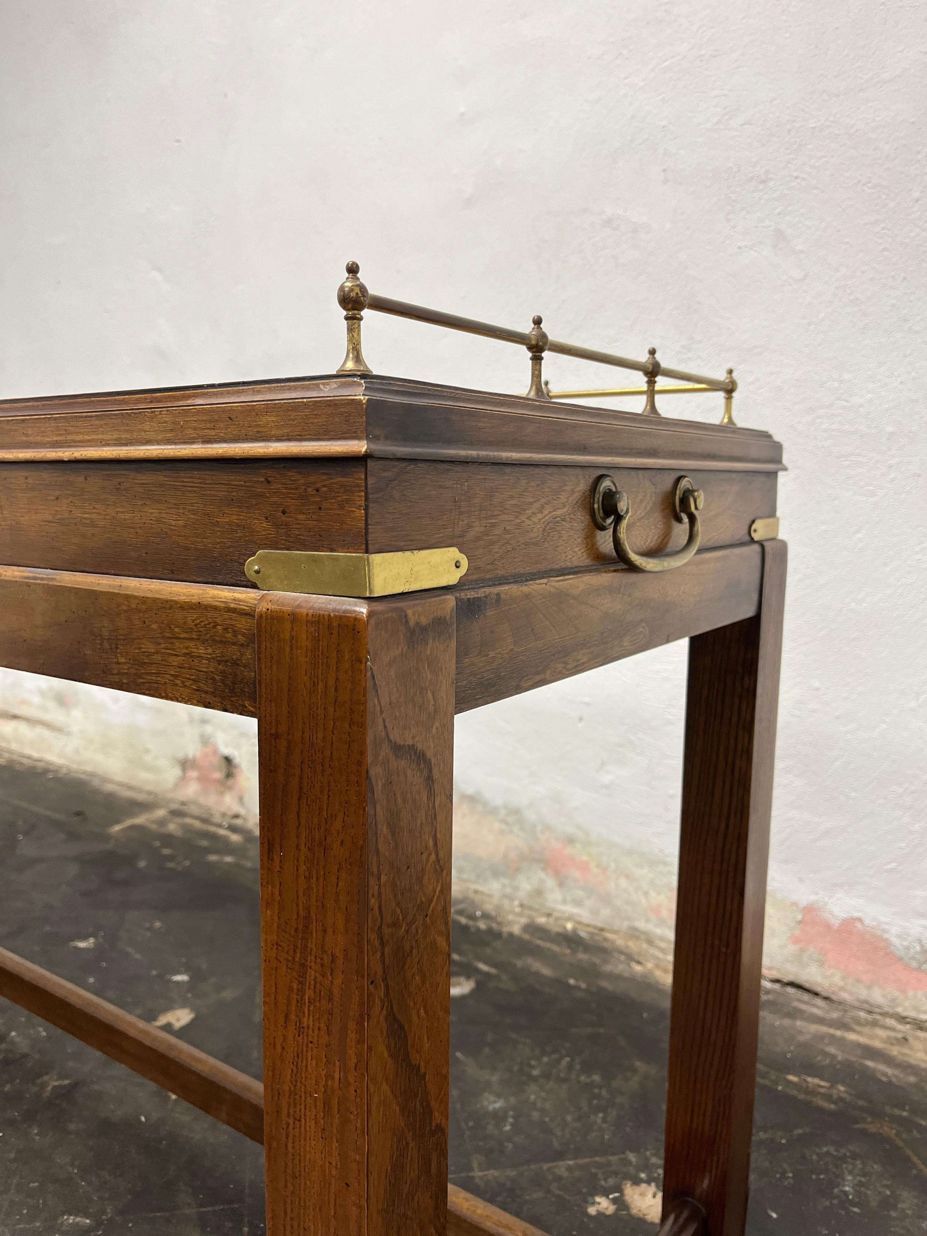20th Century Mid Century Lane Campaign Console Desk Brass Gallery Burl Walnut