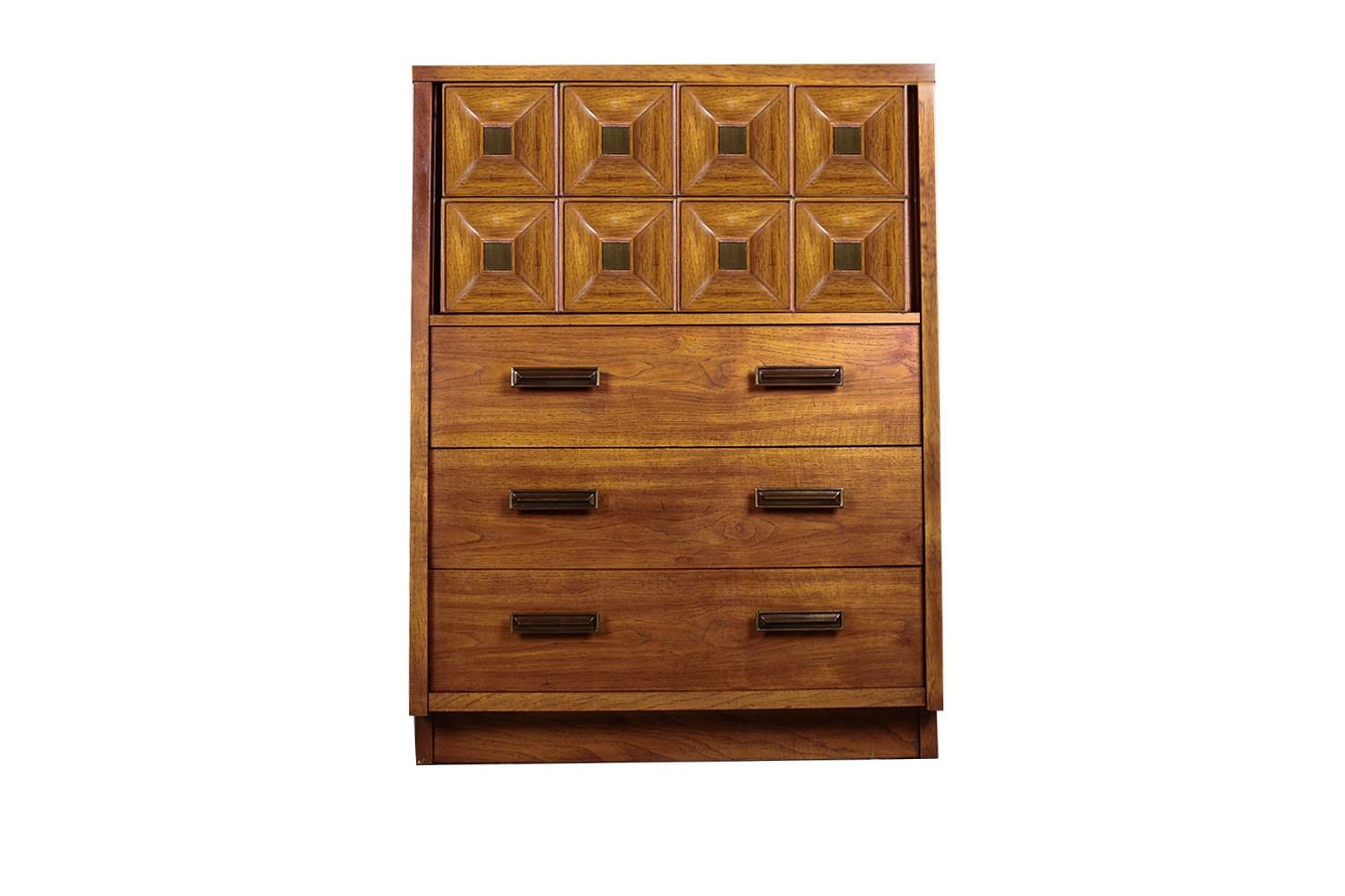 Extraordinary, rare Mid-Century Modern Graphical Geometric tall five drawer dresser by Lane Furniture. Features heavy solid wood construction. Ample storage capability, with a bank of five spacious, large drawers. Maker’s stamp (Lane Altavista,