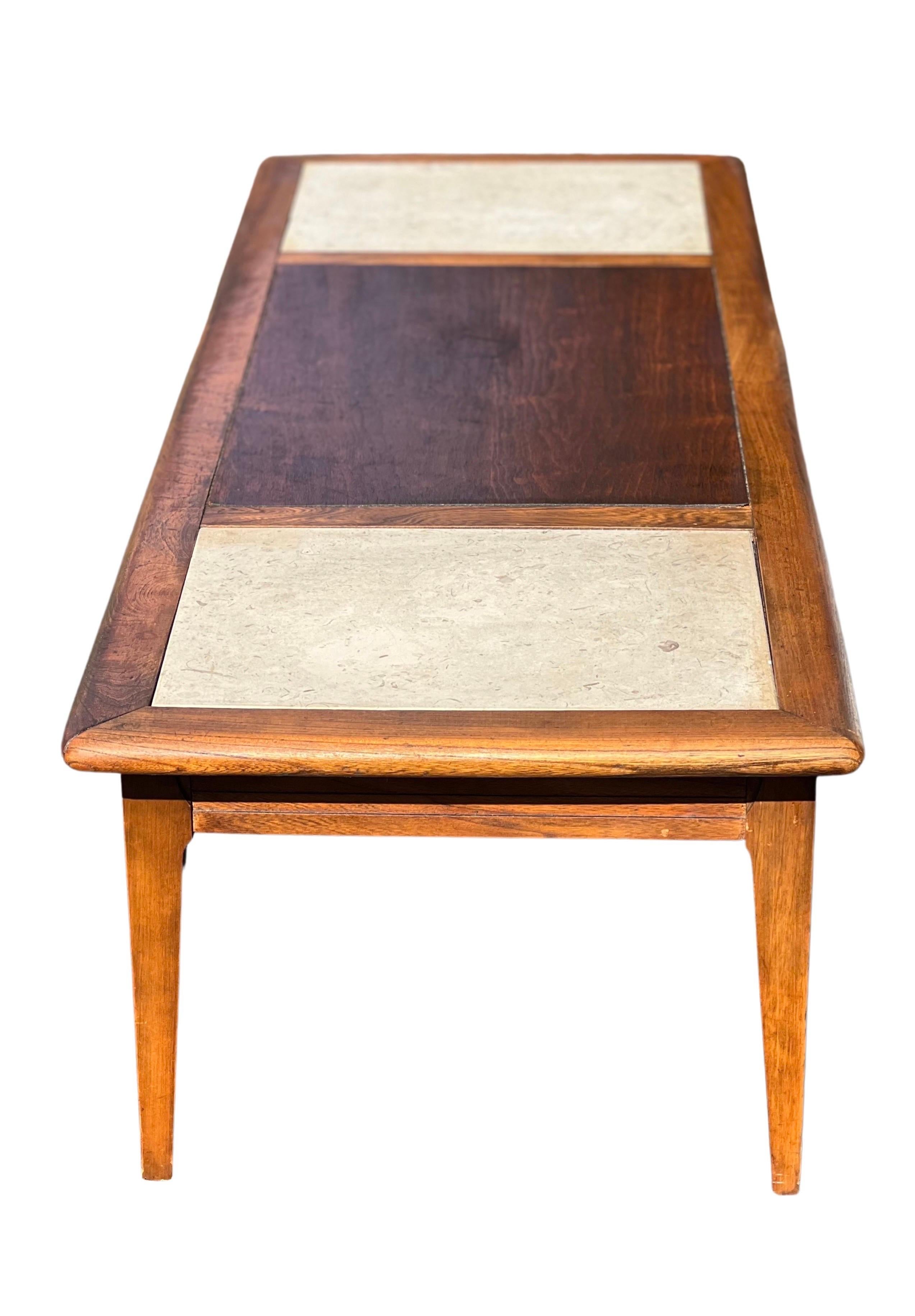 Mid-Century Modern Mid Century Lane Style Walnut Coffee Table with Travertine Inserts For Sale