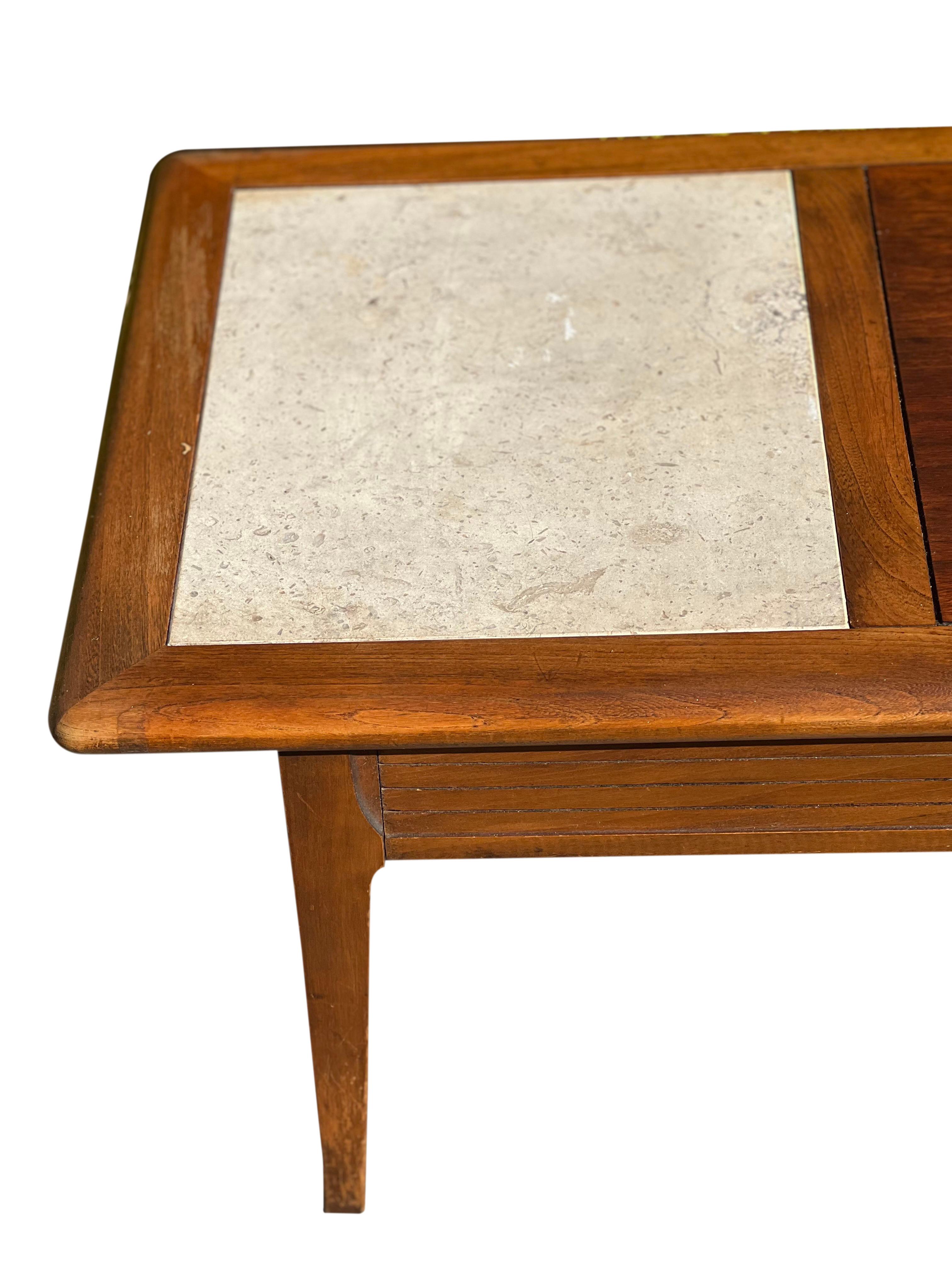 20th Century Mid Century Lane Style Walnut Coffee Table with Travertine Inserts For Sale