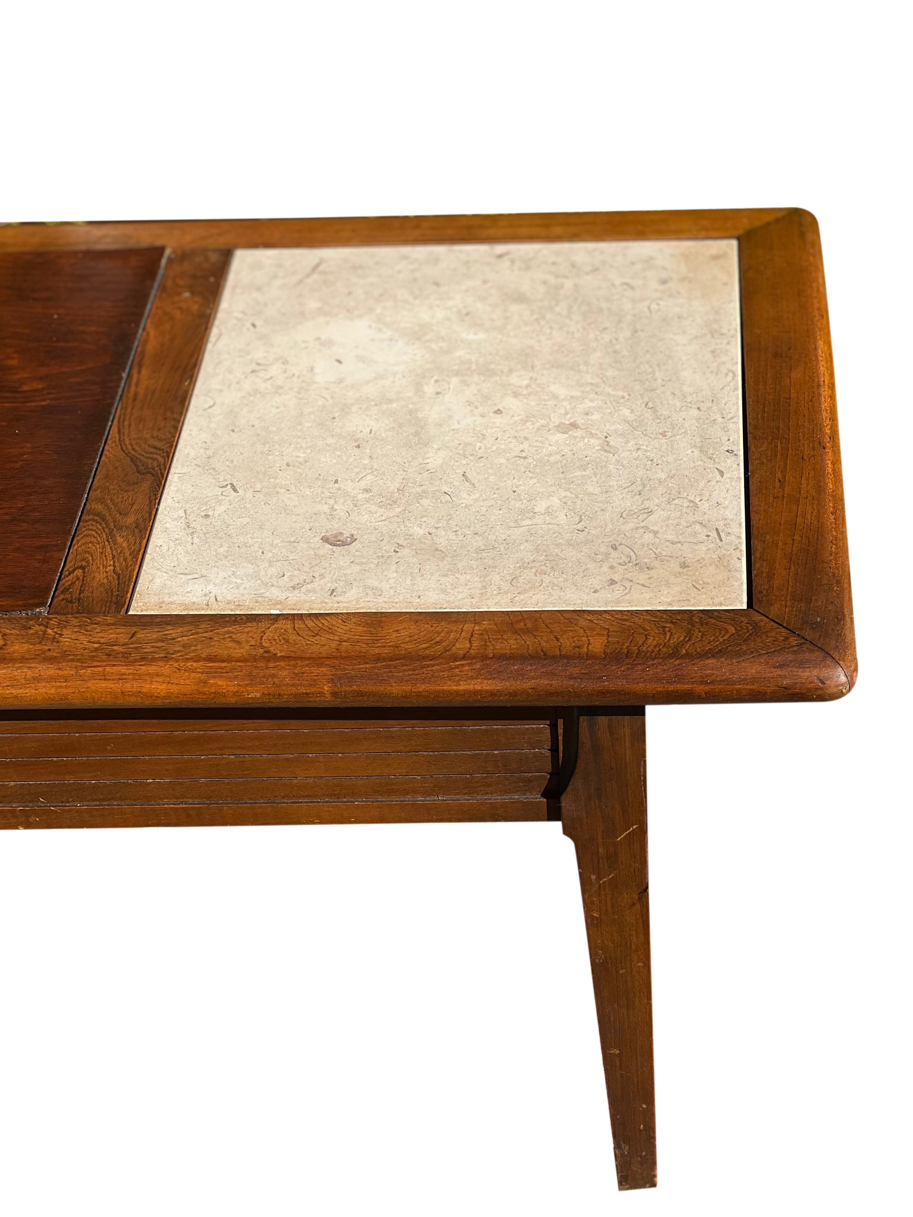 Mid Century Lane Style Walnut Coffee Table with Travertine Inserts In Good Condition For Sale In Doylestown, PA