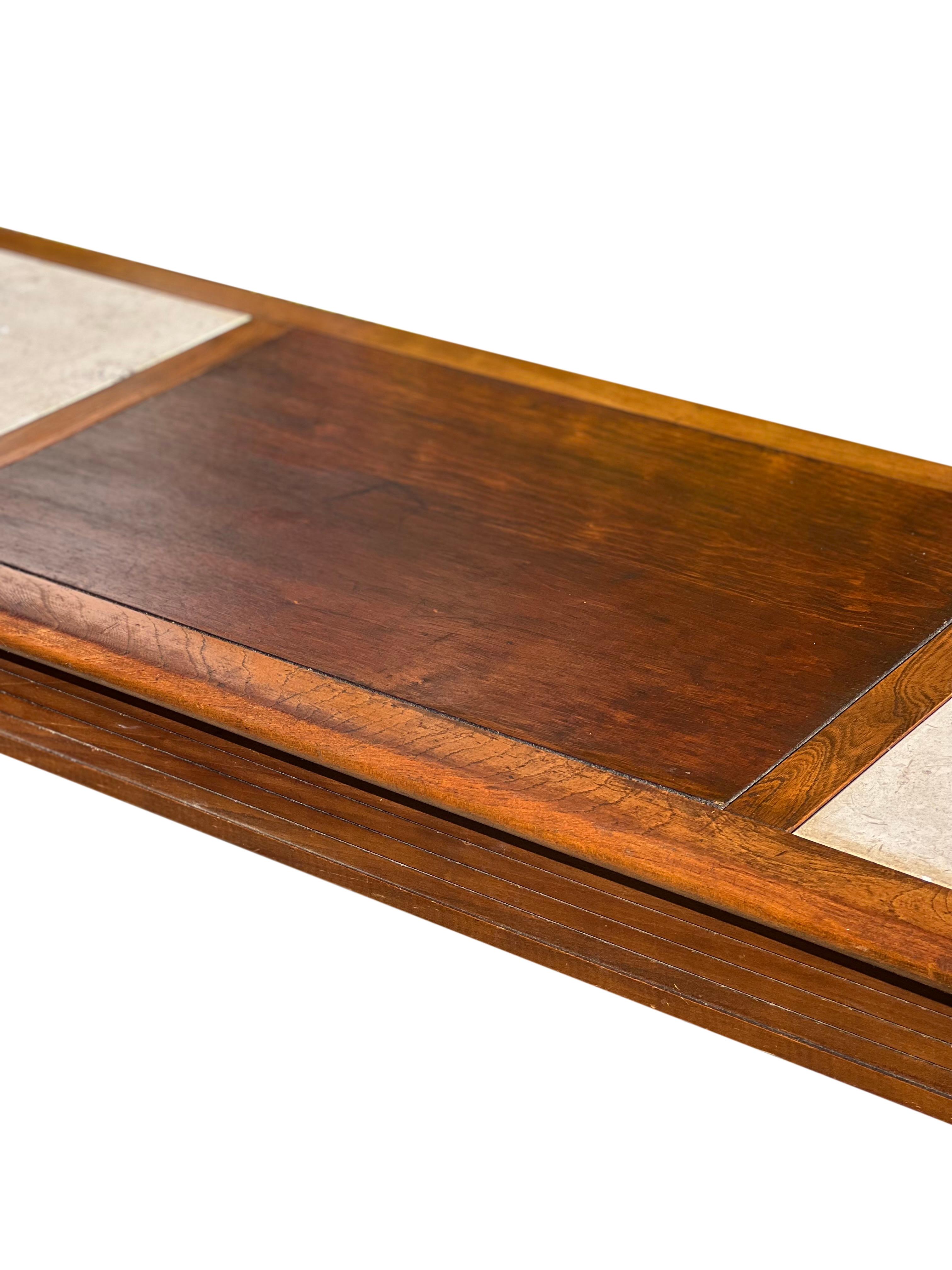 20th Century Mid Century Lane Style Walnut Coffee Table with Travertine Inserts For Sale