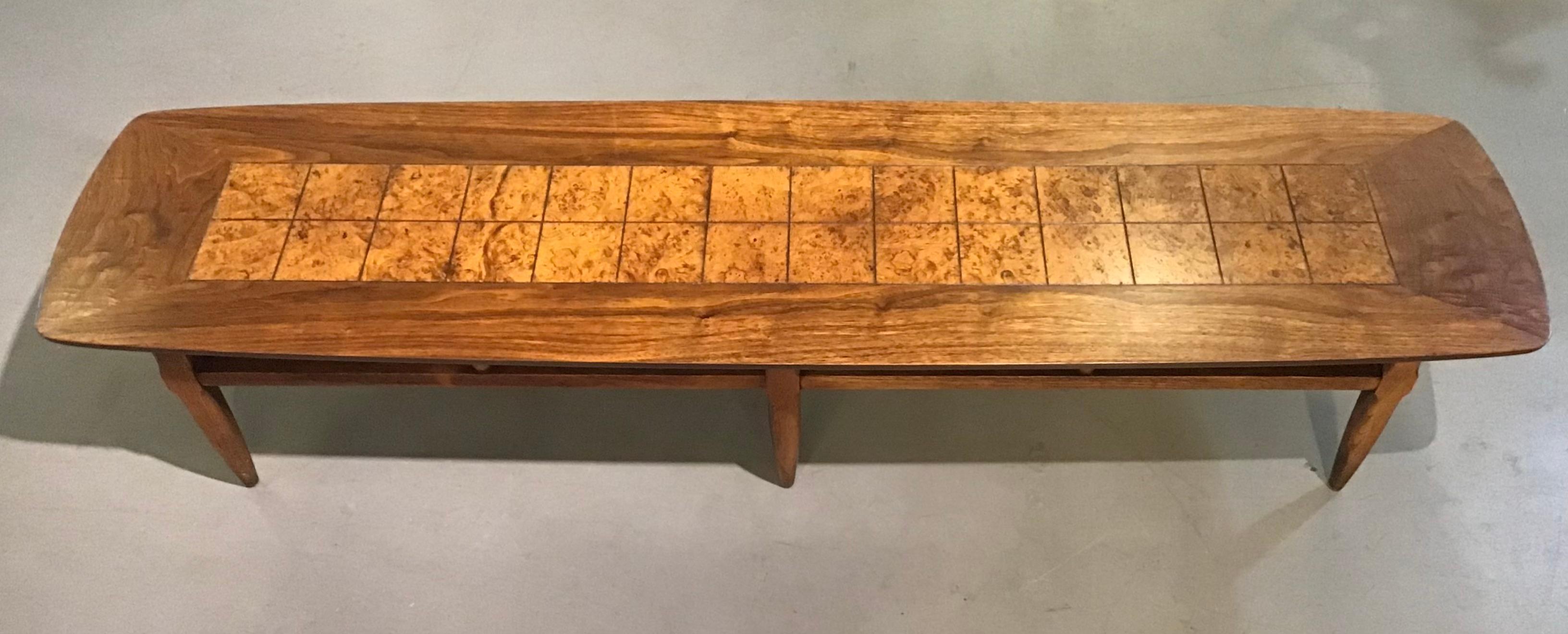 RARE Mid-Century Modern Lane walnut coffee table with a gorgeous burl inset top. This 70