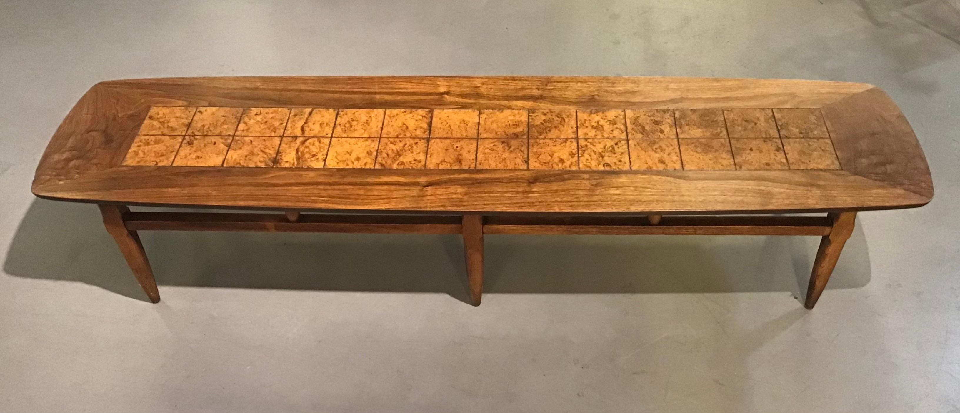 American Mid-Century Lane Walnut and Burl Long Coffee Table