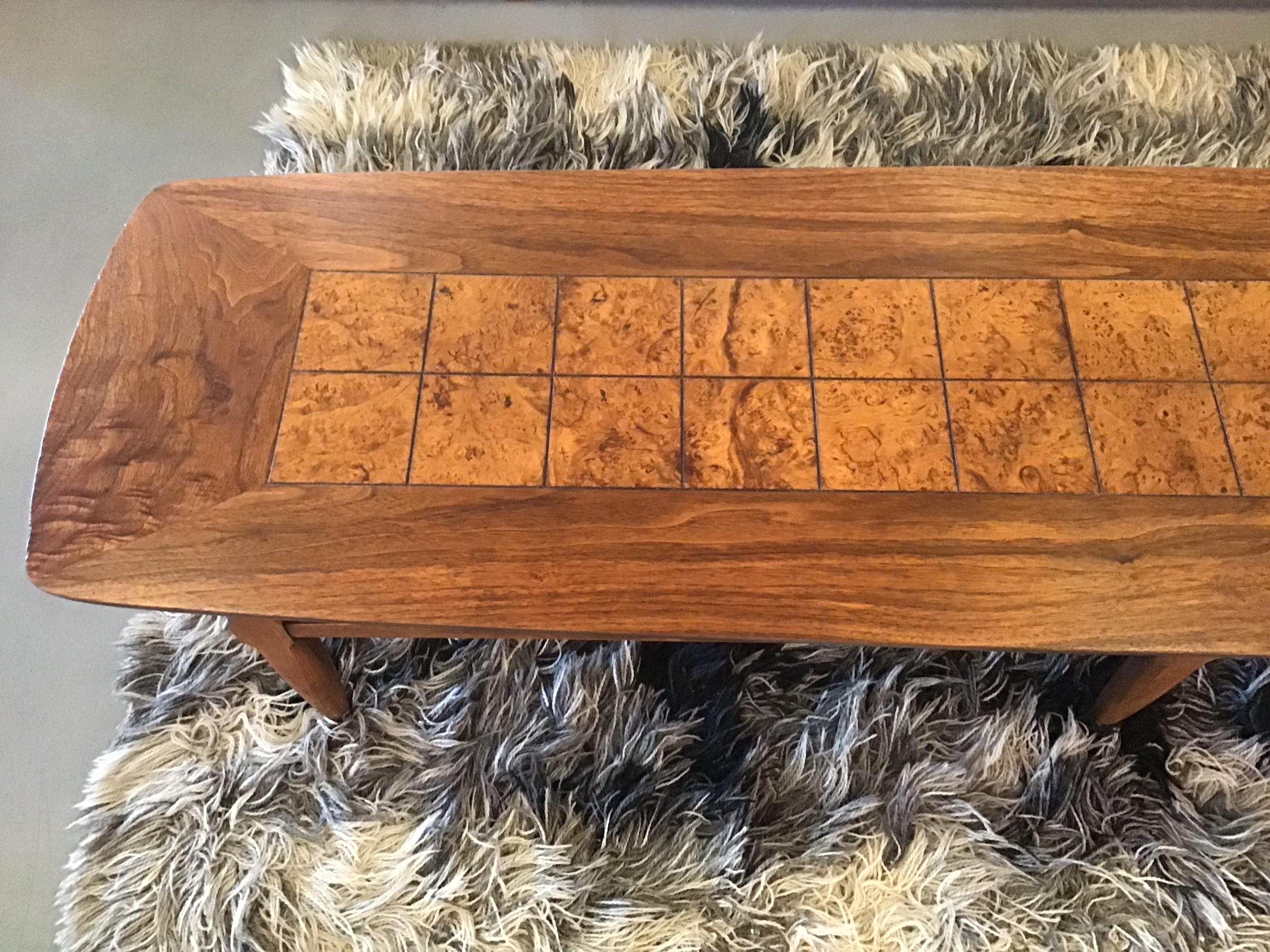 20th Century Mid-Century Lane Walnut and Burl Long Coffee Table
