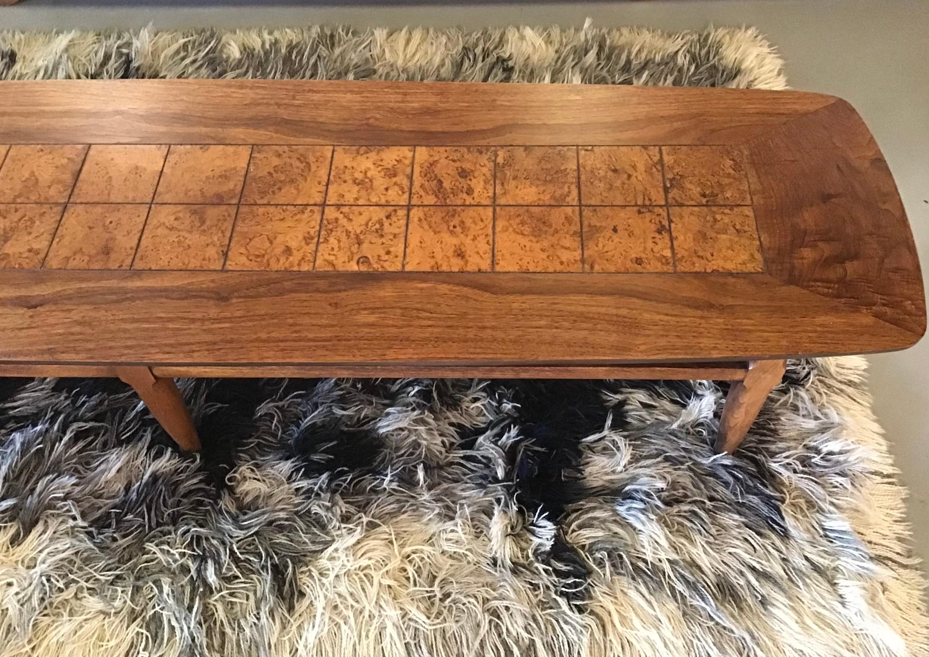 Mid-Century Lane Walnut and Burl Long Coffee Table 1