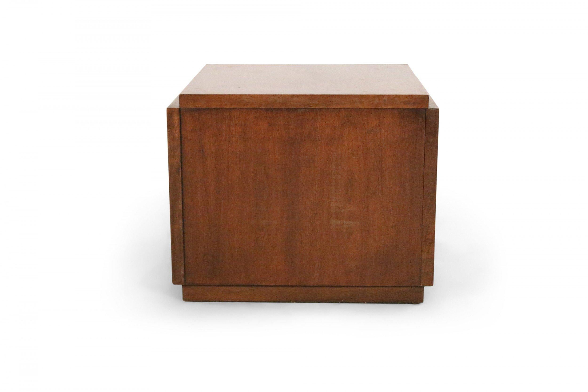 Mid-century Brutalist square walnut side table cabinet with geometric front panel design (LANE).
      