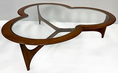 Midcentury Lane Walnut Trefoil Clover Leaf Coffee Table with Glass