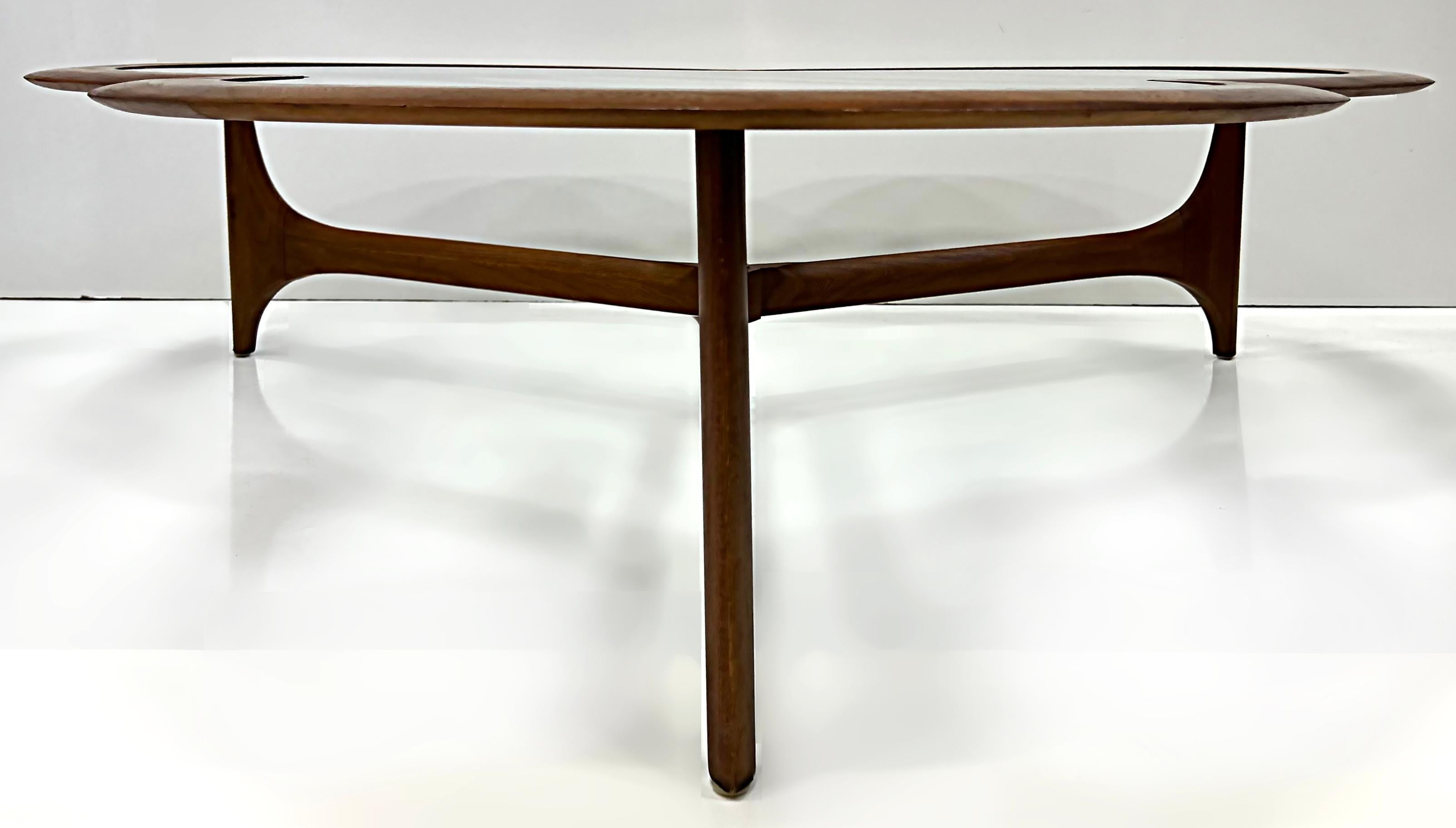 Midcentury Lane Walnut Trefoil Clover Leaf Coffee Table with Glass In Good Condition In Miami, FL