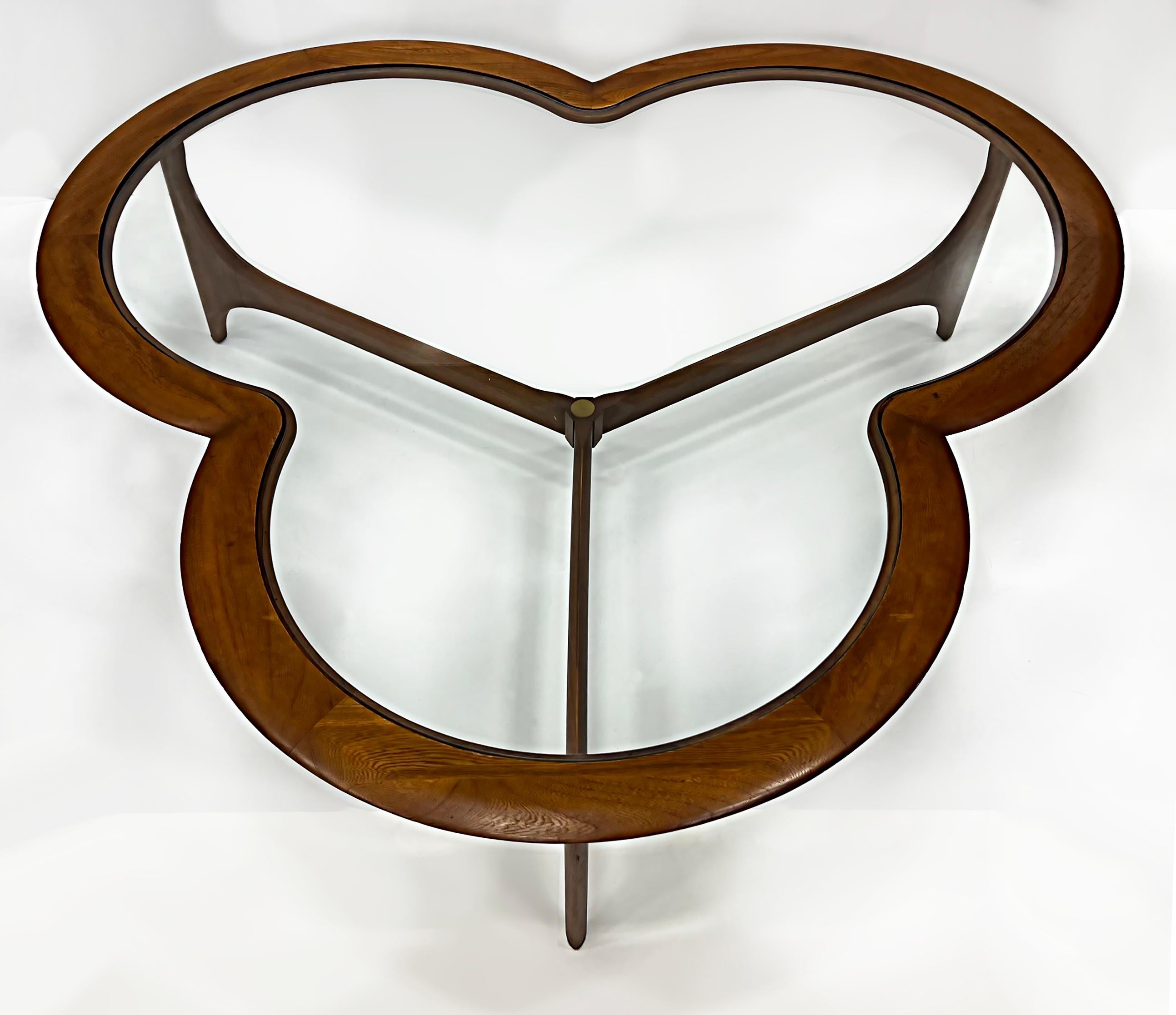 Midcentury Lane Walnut Trefoil Clover Leaf Coffee Table with Glass 1