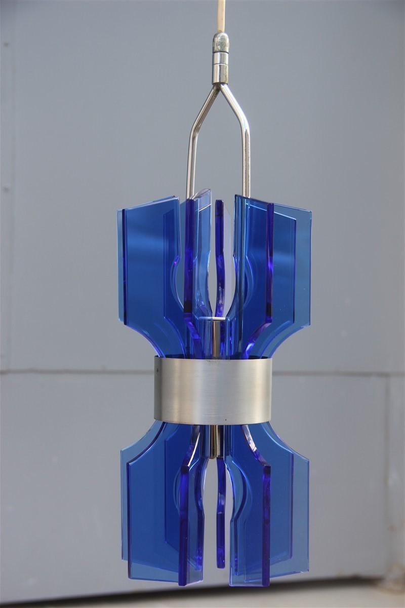Art Glass Midcentury Lantern Ceiling Lamp Cristall Veca Blu Cobalt Minimal Design, 1950 For Sale