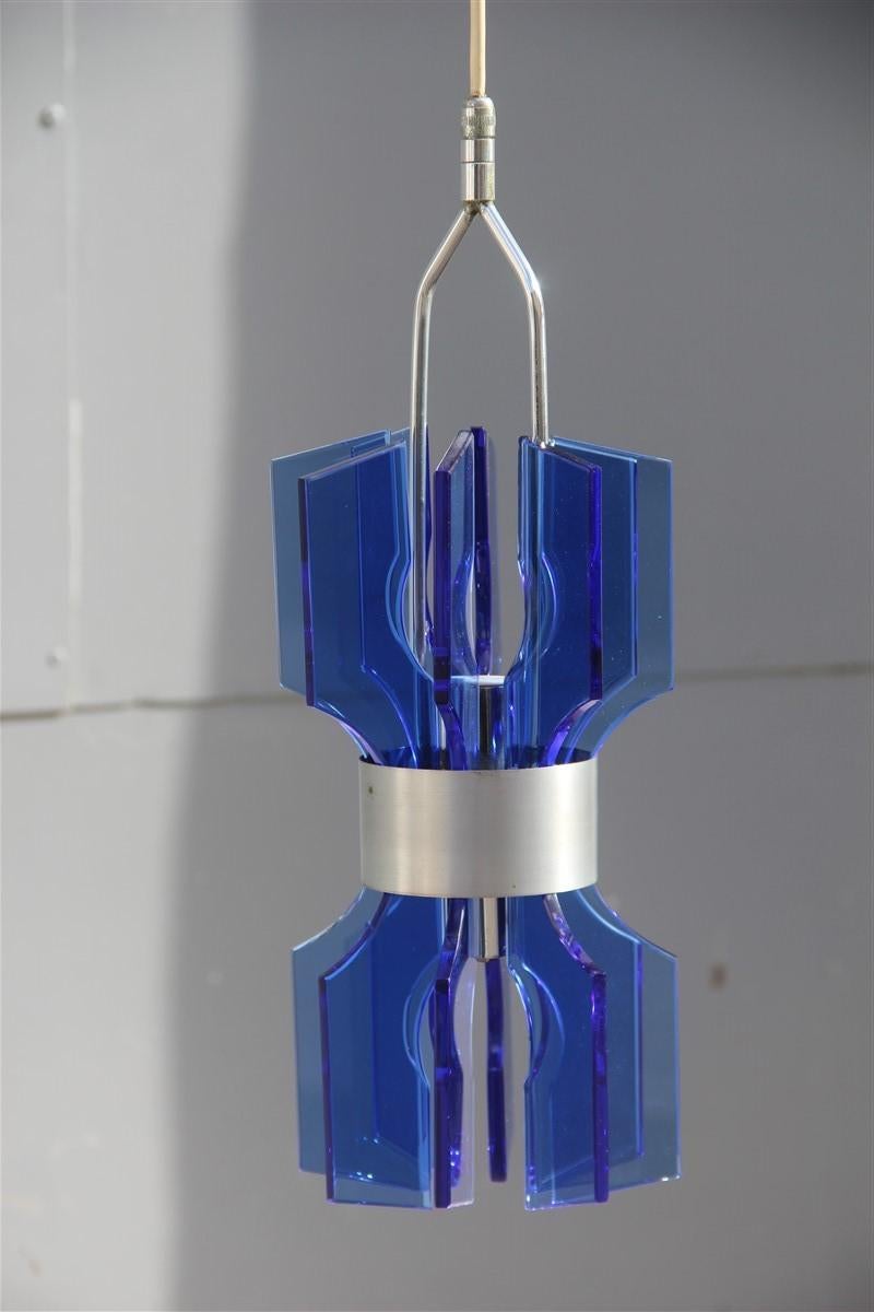 Midcentury Lantern Ceiling Lamp Cristall Veca Blu Cobalt Minimal Design, 1950 For Sale 1