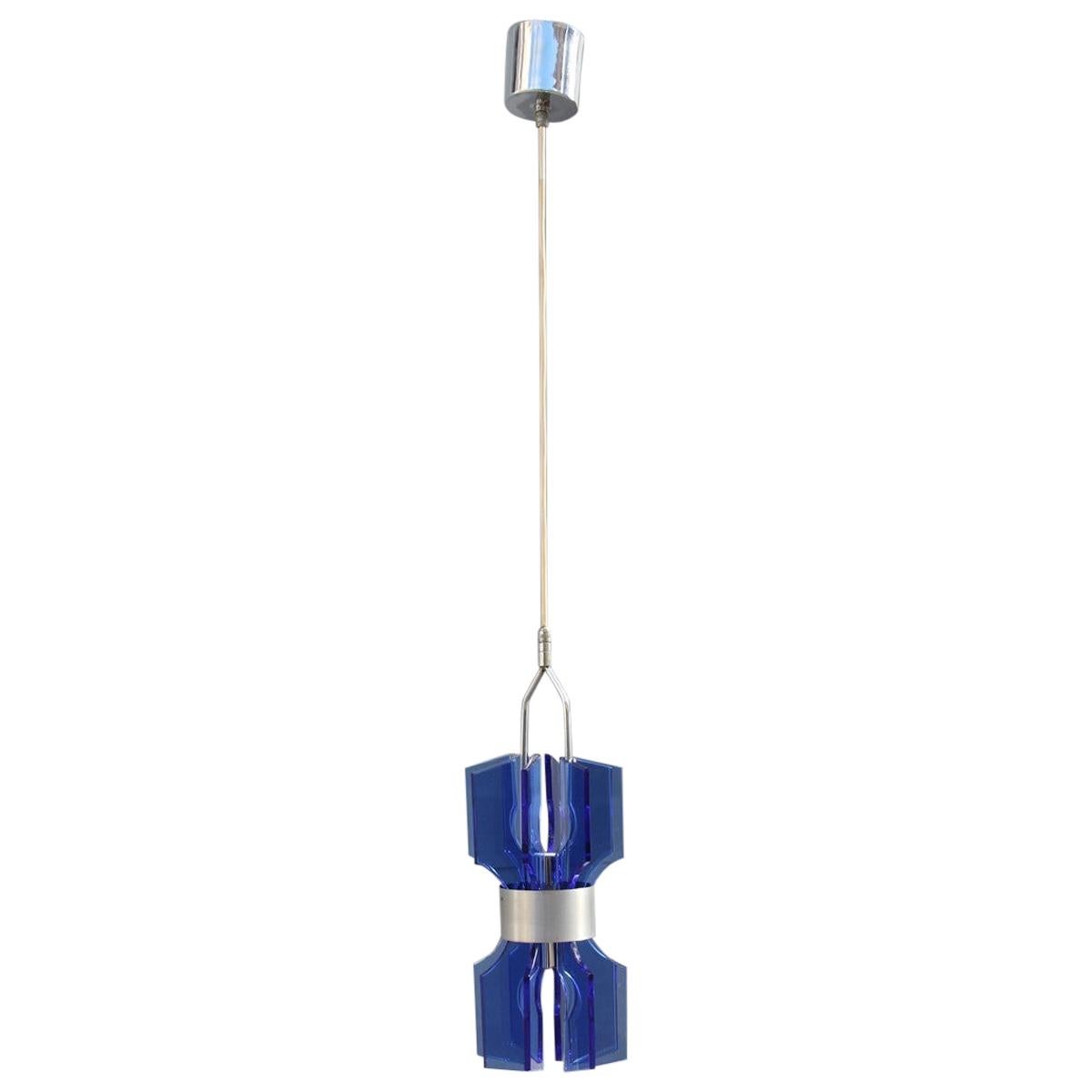 Midcentury Lantern Ceiling Lamp Cristall Veca Blu Cobalt Minimal Design, 1950 For Sale