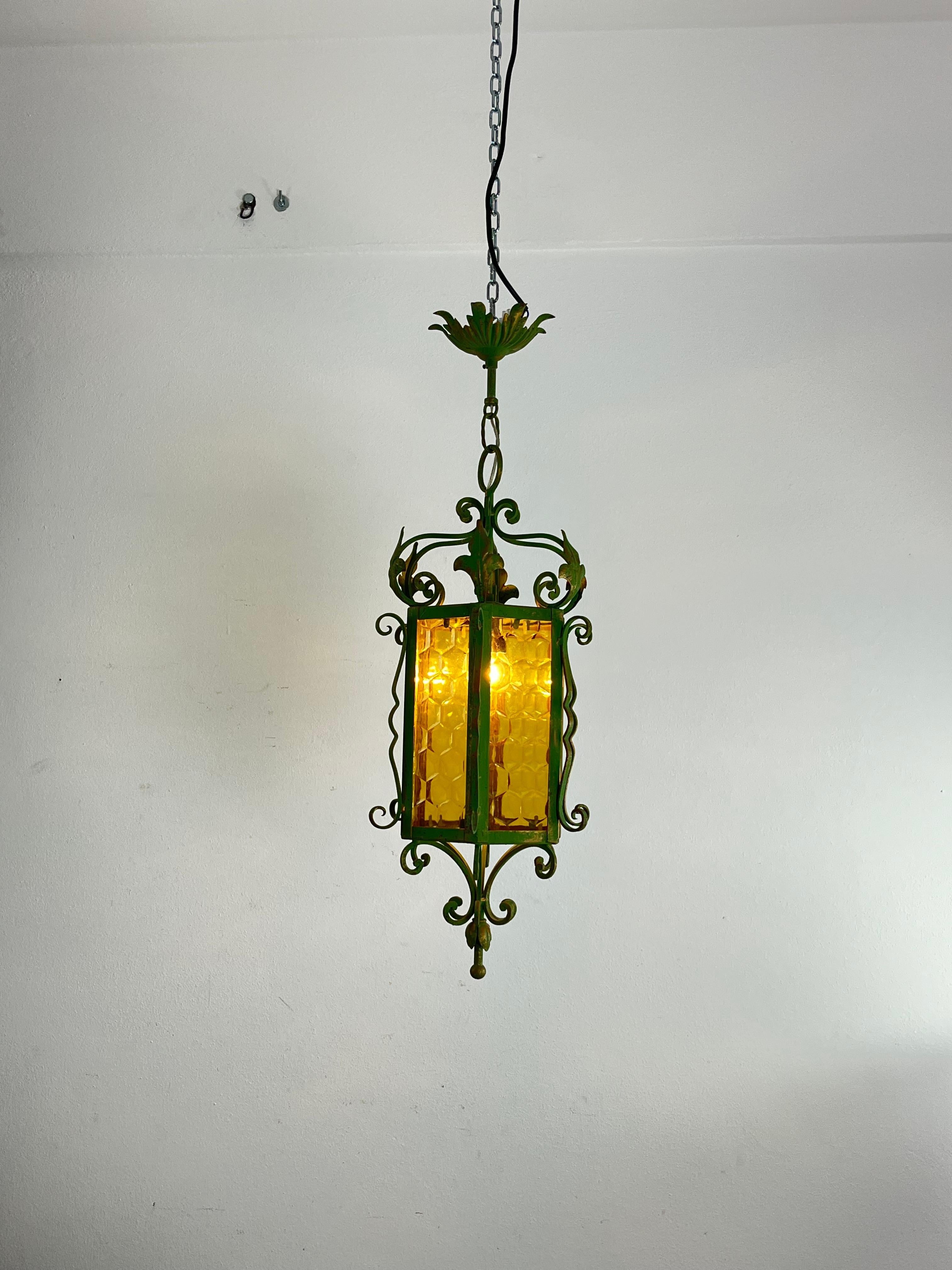 Italian Mid-Century Lantern In Wrought Iron and Colored Glass, Made In Italy, 1960s For Sale