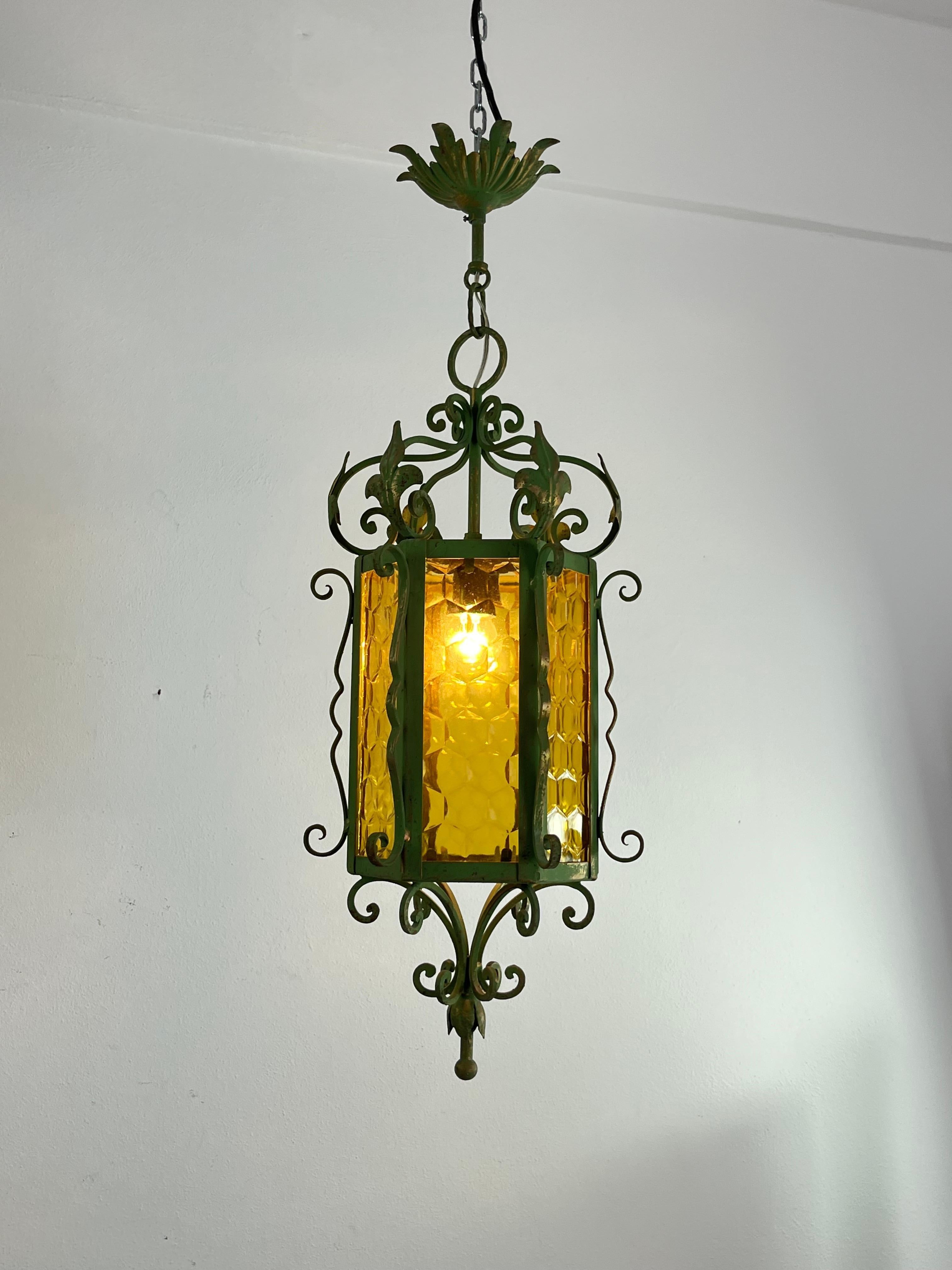 Mid-Century Lantern In Wrought Iron and Colored Glass, Made In Italy, 1960s In Good Condition For Sale In Palermo, IT