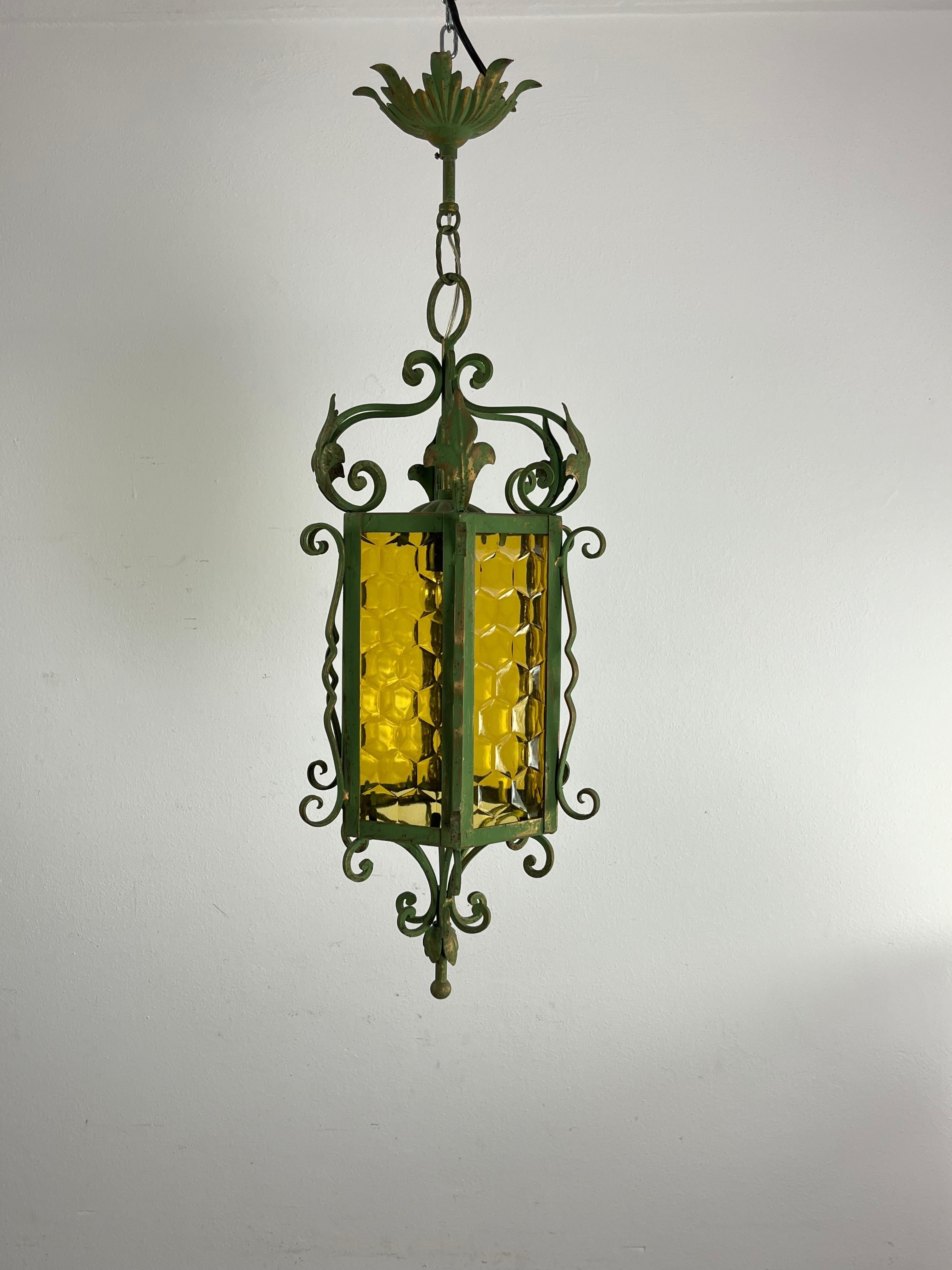 Mid-20th Century Mid-Century Lantern In Wrought Iron and Colored Glass, Made In Italy, 1960s For Sale