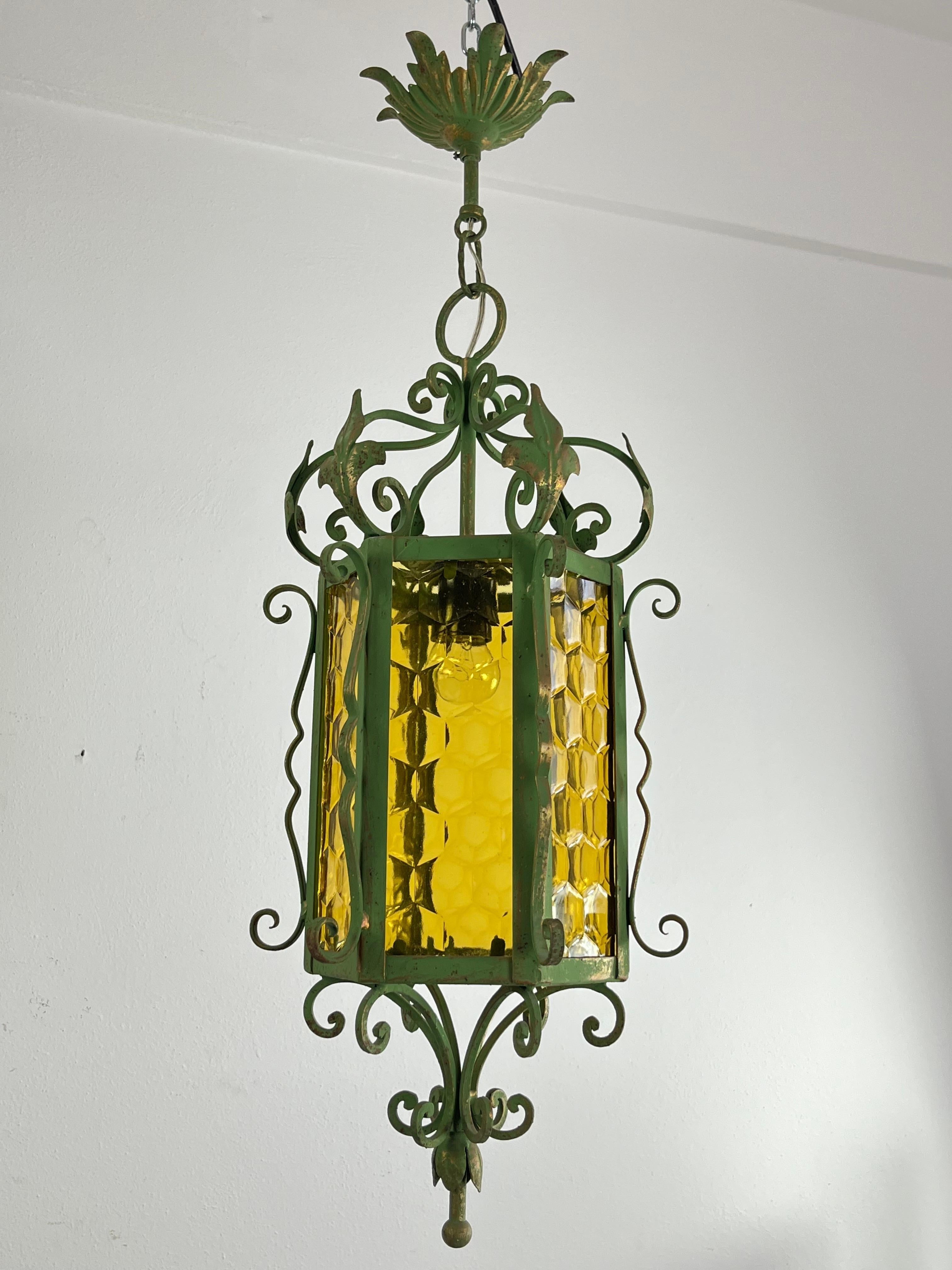 Mid-Century Lantern In Wrought Iron and Colored Glass, Made In Italy, 1960s For Sale 1