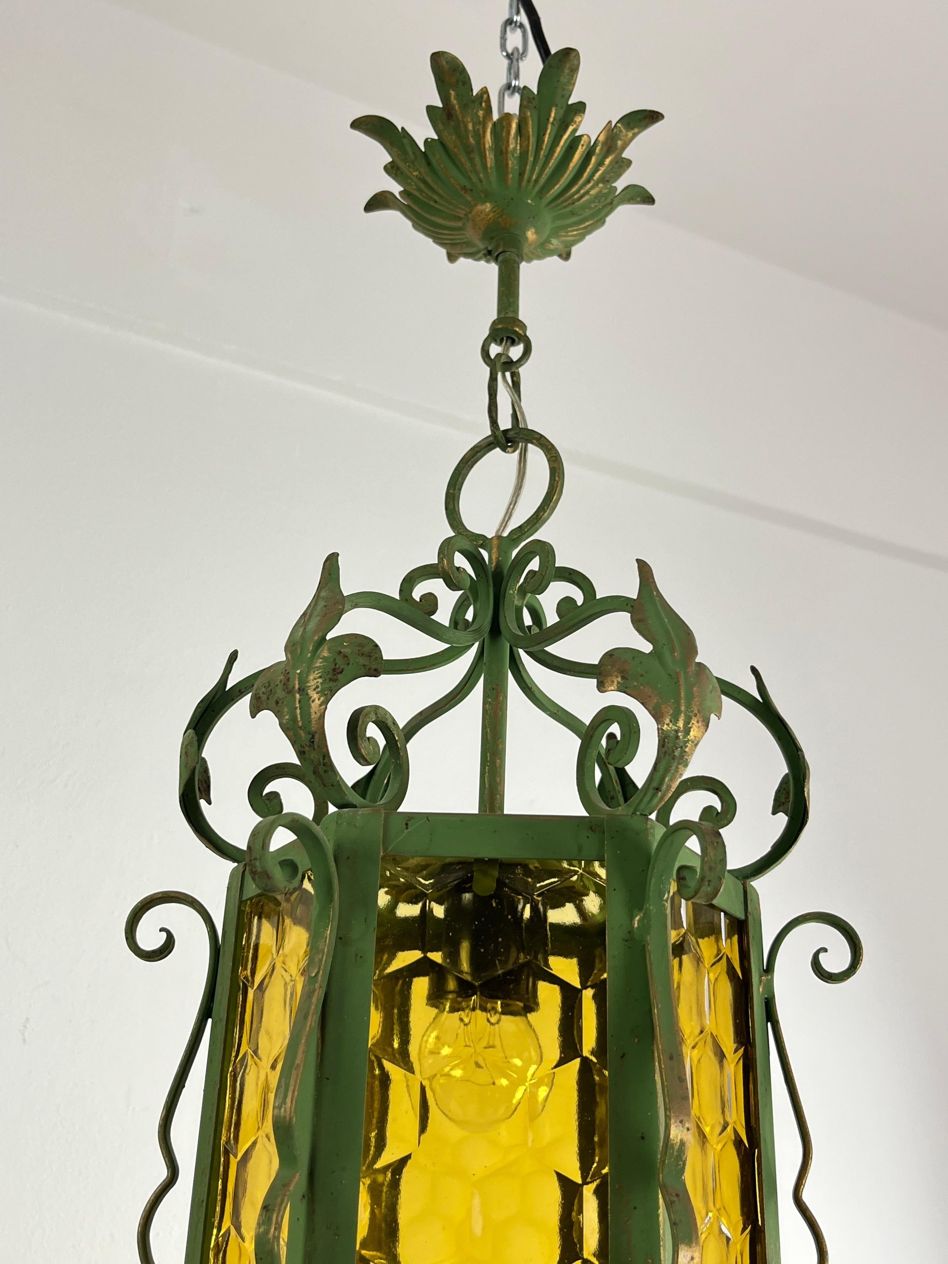 Mid-Century Lantern In Wrought Iron and Colored Glass, Made In Italy, 1960s For Sale 2